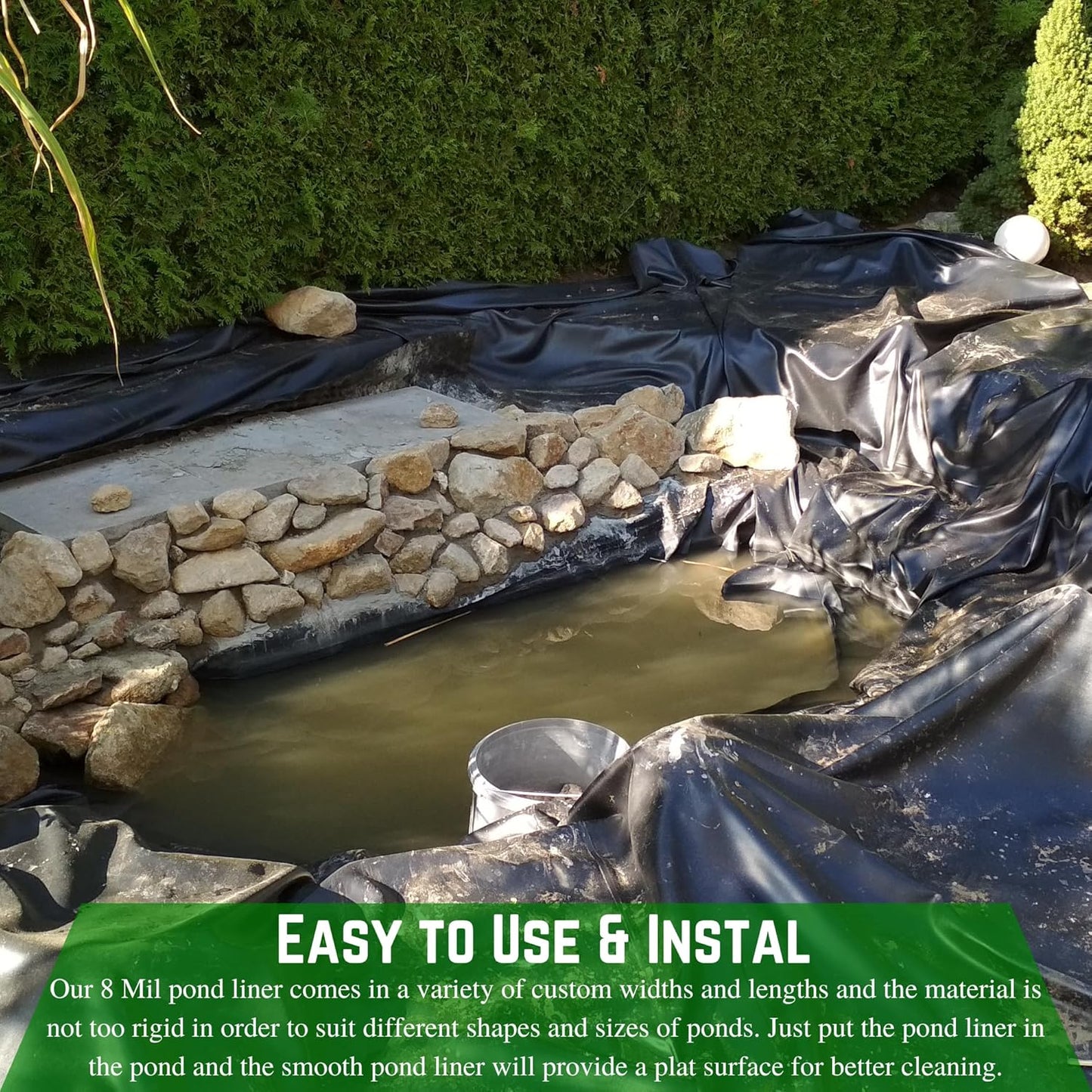 Farm Plastic Supply - 8 Mil Black/White Pond Liner - 8 Mil Fish Pond Liner, Pond Liners for Outdoor Ponds, Koi Ponds, Garden Fountain, Waterfall, Containment Liner (24' x 100')
