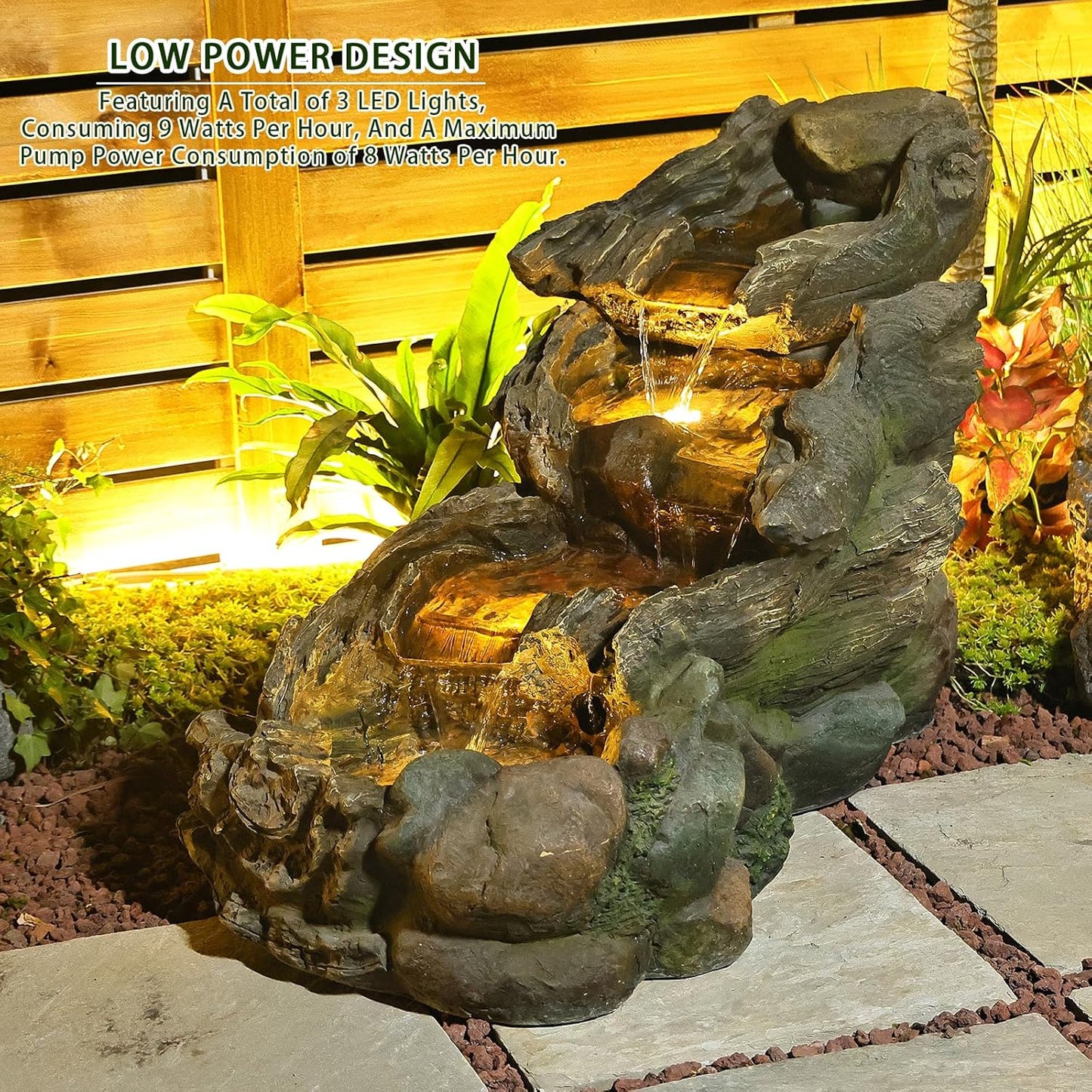 Garden Outdoor Water Fountain - 42.1 Inches Cascading Tiered Wood River Outdoor Fountain with LED Lights and Pumps for Garden, Patio, Backyard, Deck, Porch, Pond and Home Art Decor