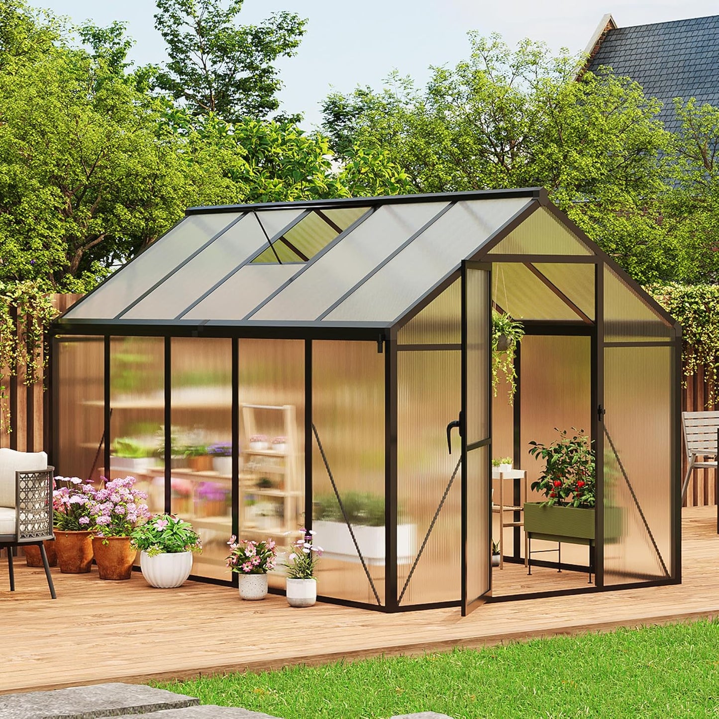 6x10 FT Greenhouse, Easy Assembly Aluminum Polycarbonate Greenhouses for Outdoors with Roof Vent and Ground Nails, Heavy Duty Aluminum Walk-in Greenhouse for Backyard, Sliding Lockable Door, Black