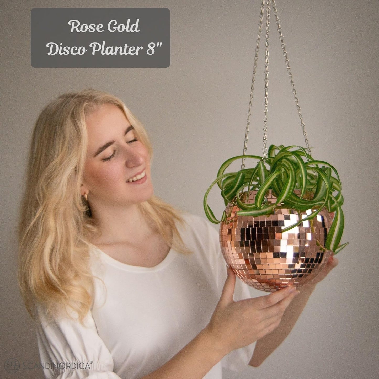 SCANDINORDICA Disco Ball Planter – Value Package: Mirror Disco Planter with Chain, Macrame Hanger and Acrylic Stand for Desk, Includes Self Watering Insert, Plant Gifts | 8 inch Rose Gold