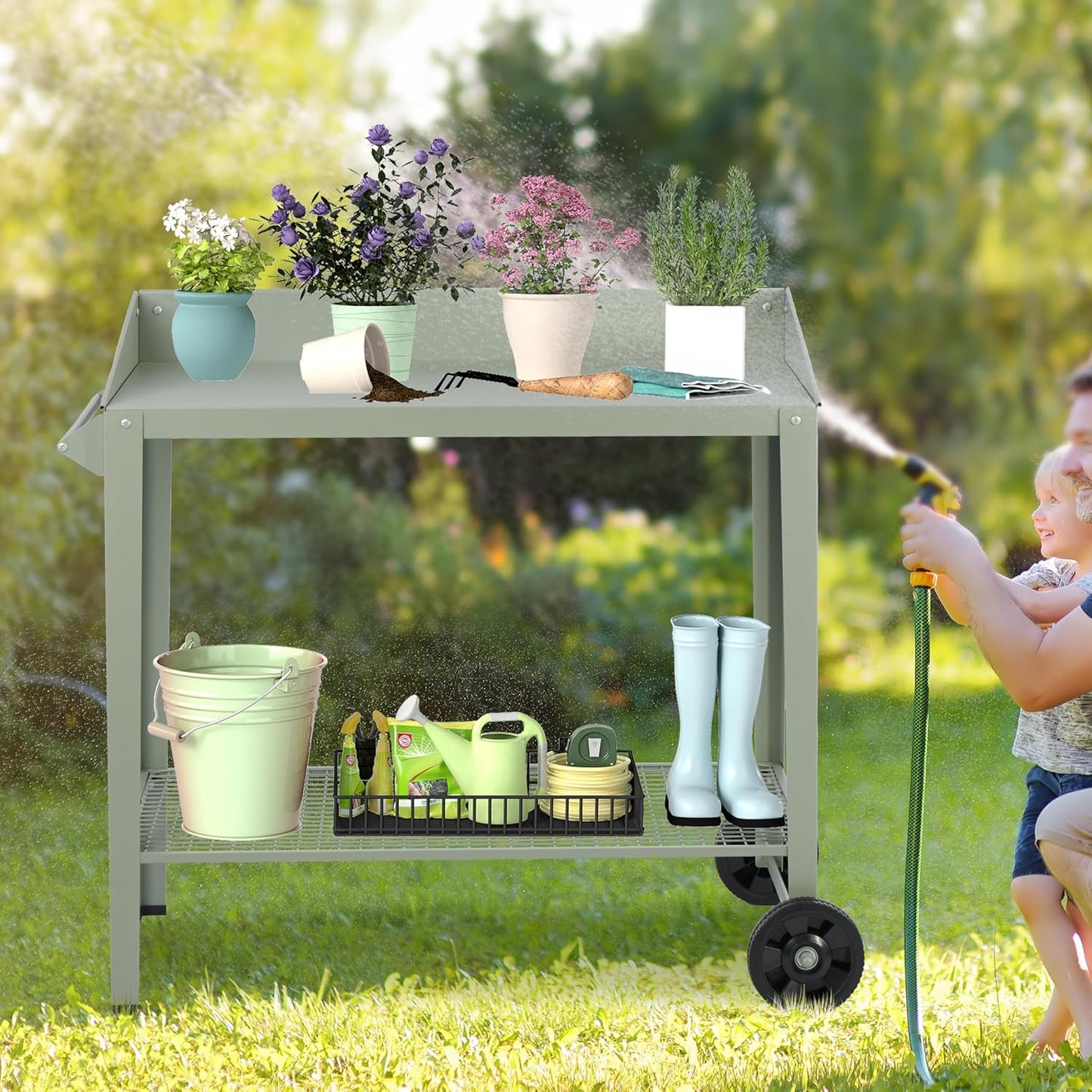Outdoor Metal Potting Bench with Wheels, Heavy Duty Garden Workbench Table with Storage Shelf (Green, 36"x38.8")