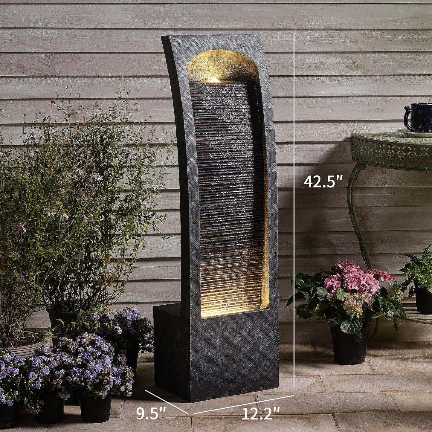 Indoor Water Fountain Curved Faux Slate Outdoor Waterfall Fountains Floor Standing Tiered Rock with LED Lights and Pump for Garden, Backyard, Deck, Patio, Porch and Home Art Decor