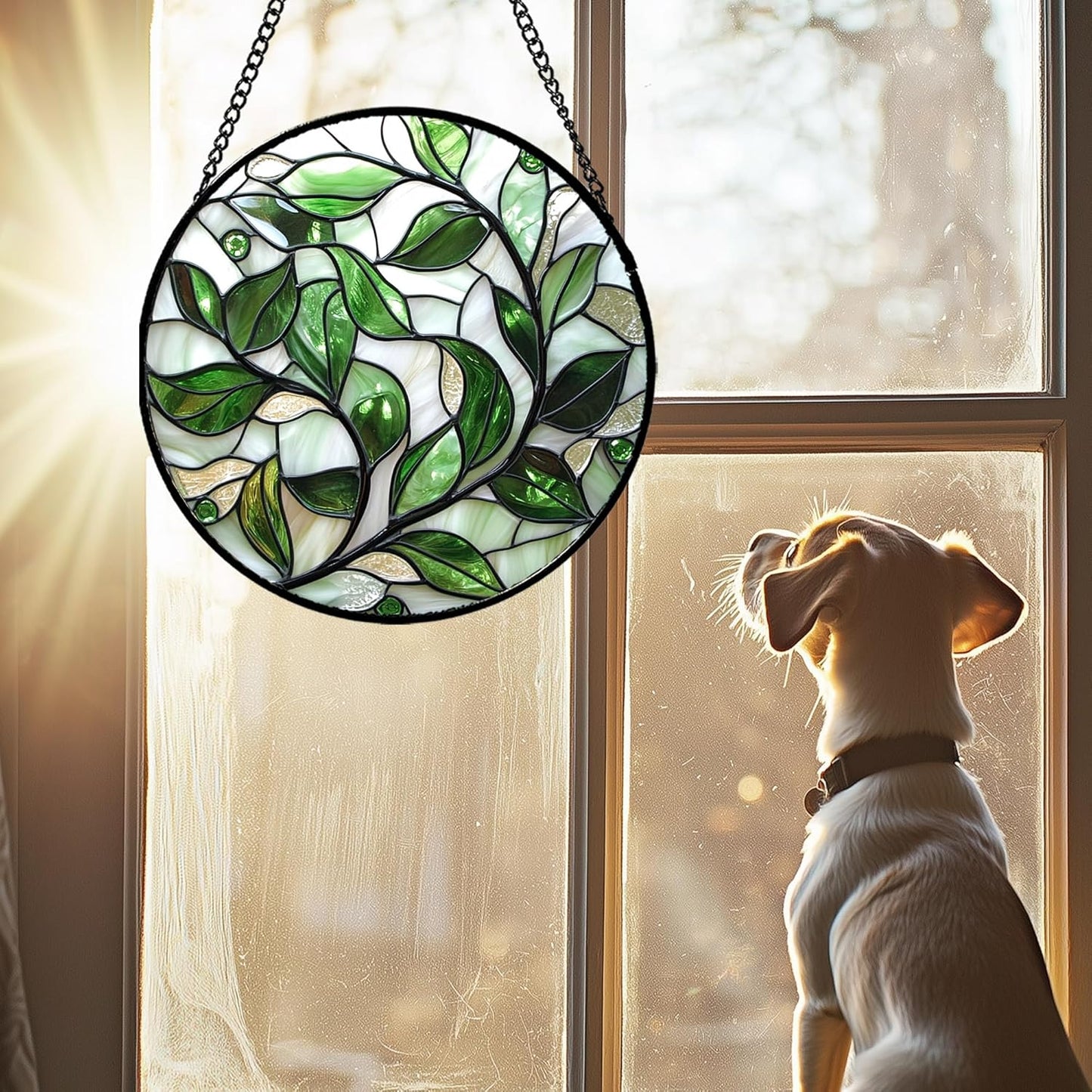 Stained Glass Window Hanging - White Green Leaves Suncatcher for Doors Window Home Plant Sun Catchers Decor Christmas Mother's Day Birthday Gifts for Teacher Women Men Mom Nana 11.8 in