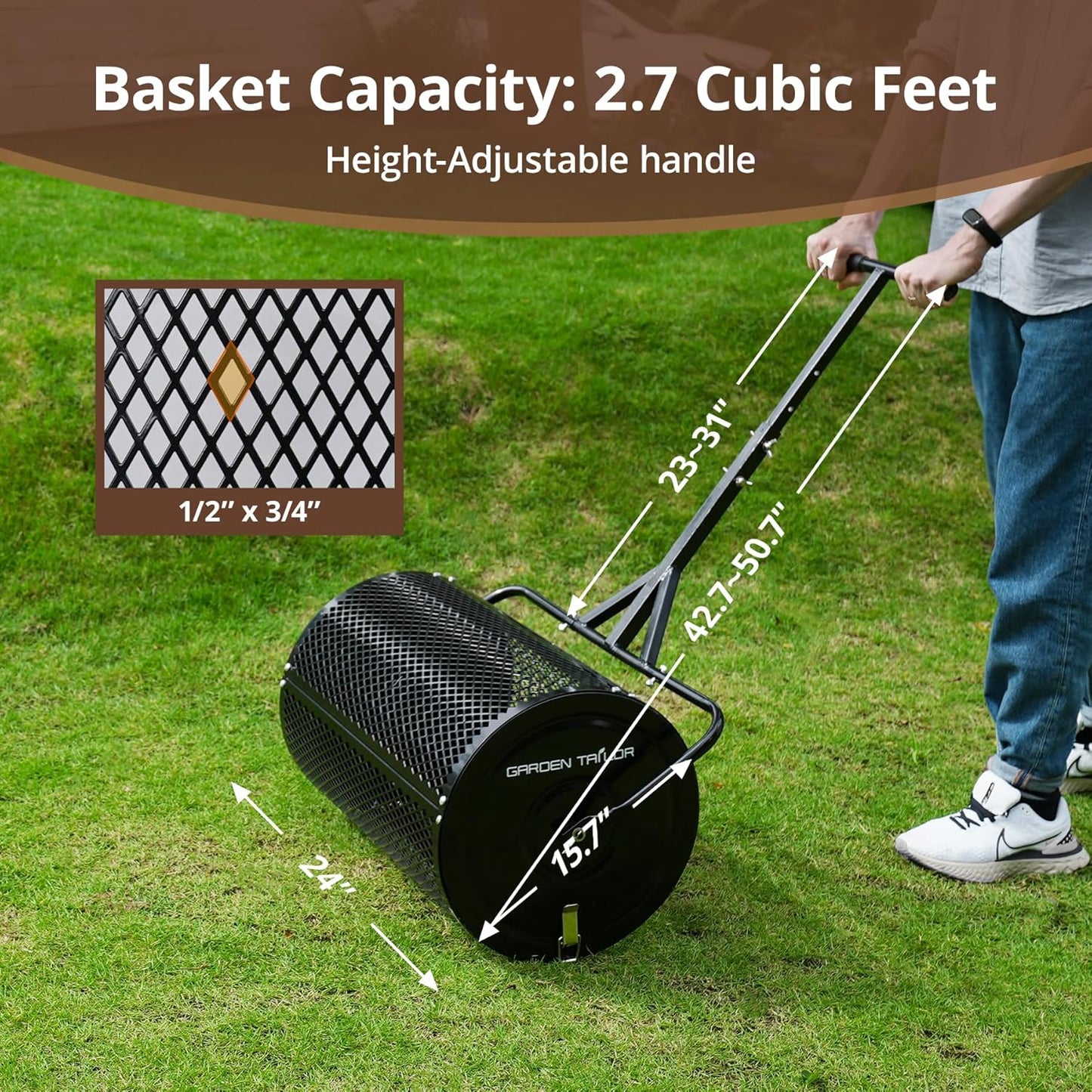 Compost Spreader 24 Inch Peat Moss Spreader with Installation Support Accessories, Metal Mesh Roller Lawn Spreader for Top Soil, Manure, Mulch, Top Dressing - Garden spreaders for lawns