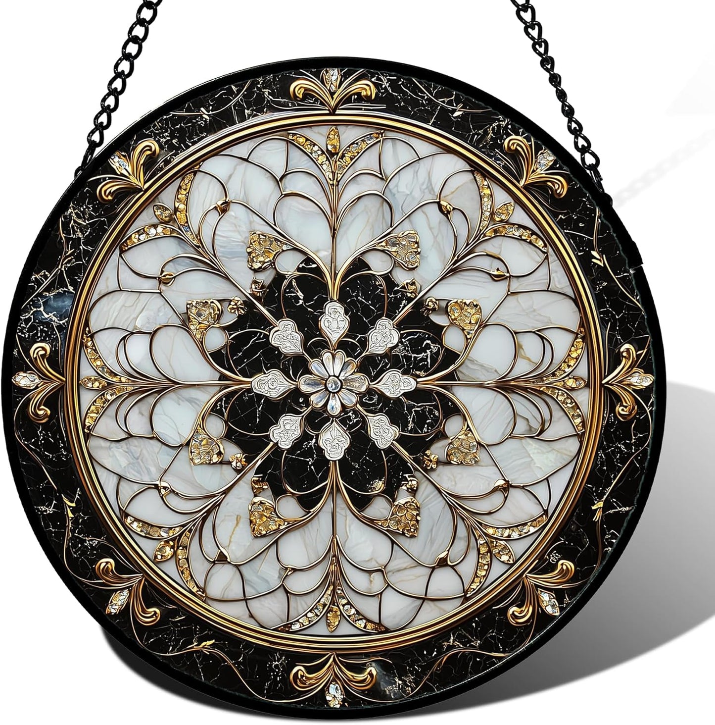 Stained Glass Window Hanging, Black and White Gold Boho Pattern Suncatcher for Doors Window Home Abstract Flower Sun Catchers Decor Mother's Day Birthday Gifts for Women, Men Mom 15 in