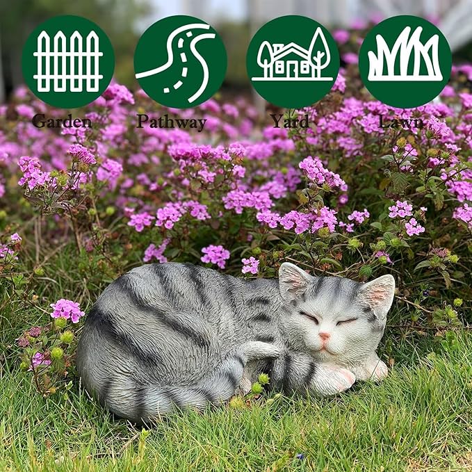 Cat Figurines Outdoor Statue Garden Decor, Cat Statue Garden Statues Outdoor Clearance for Patio, Lawn Decoration, 11.5" Larger Grey Sleeping Cat Statue for Indoor Table Accessory, Cat Gift for Mom