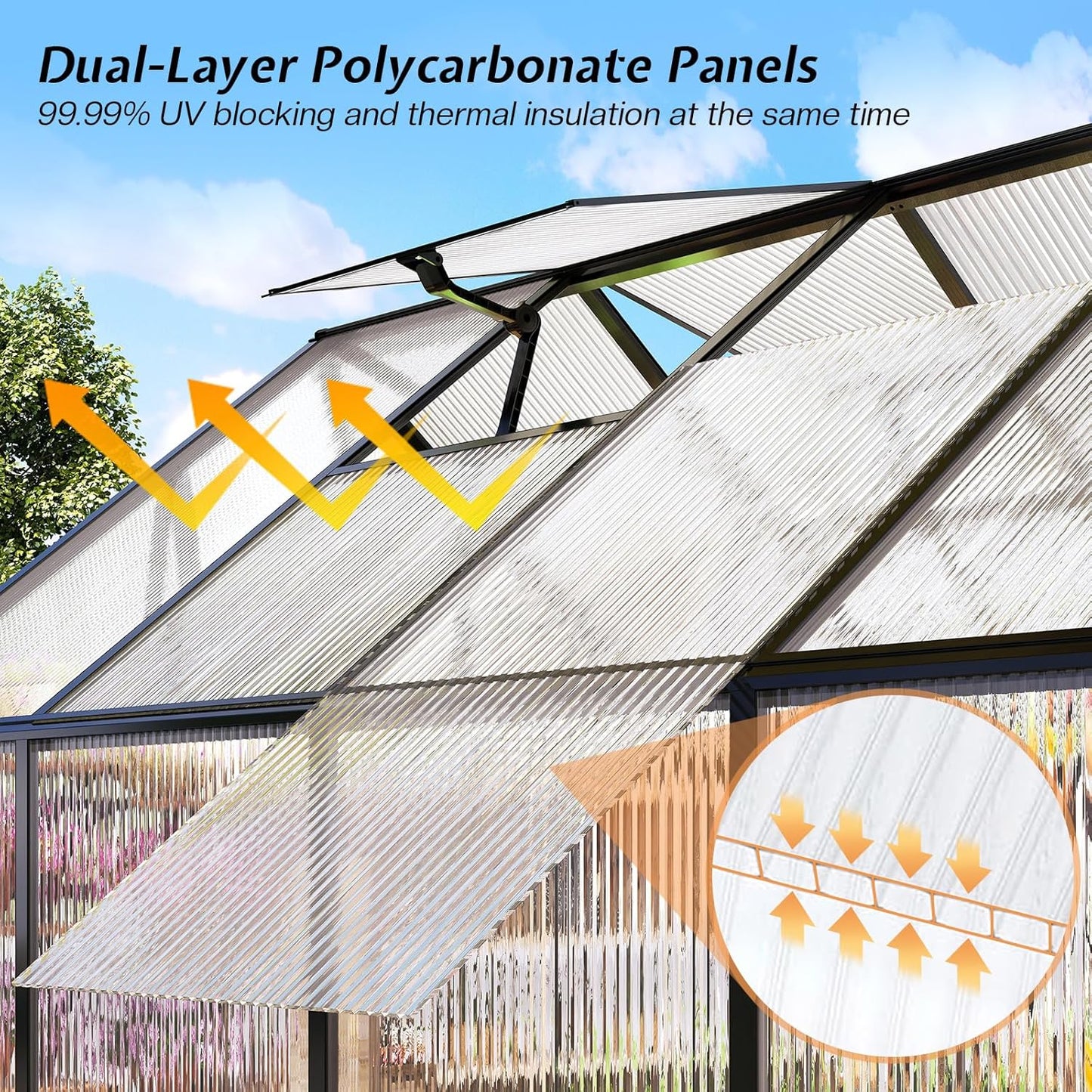 Jocisland 6x8x6.3 FT Polycarbonate Greenhouse for Outdoors with 2 Windows, Dual Swing Doors, Aluminum Walk-in Frame, Heavy Duty Garden Greenhouse for Backyard, Black