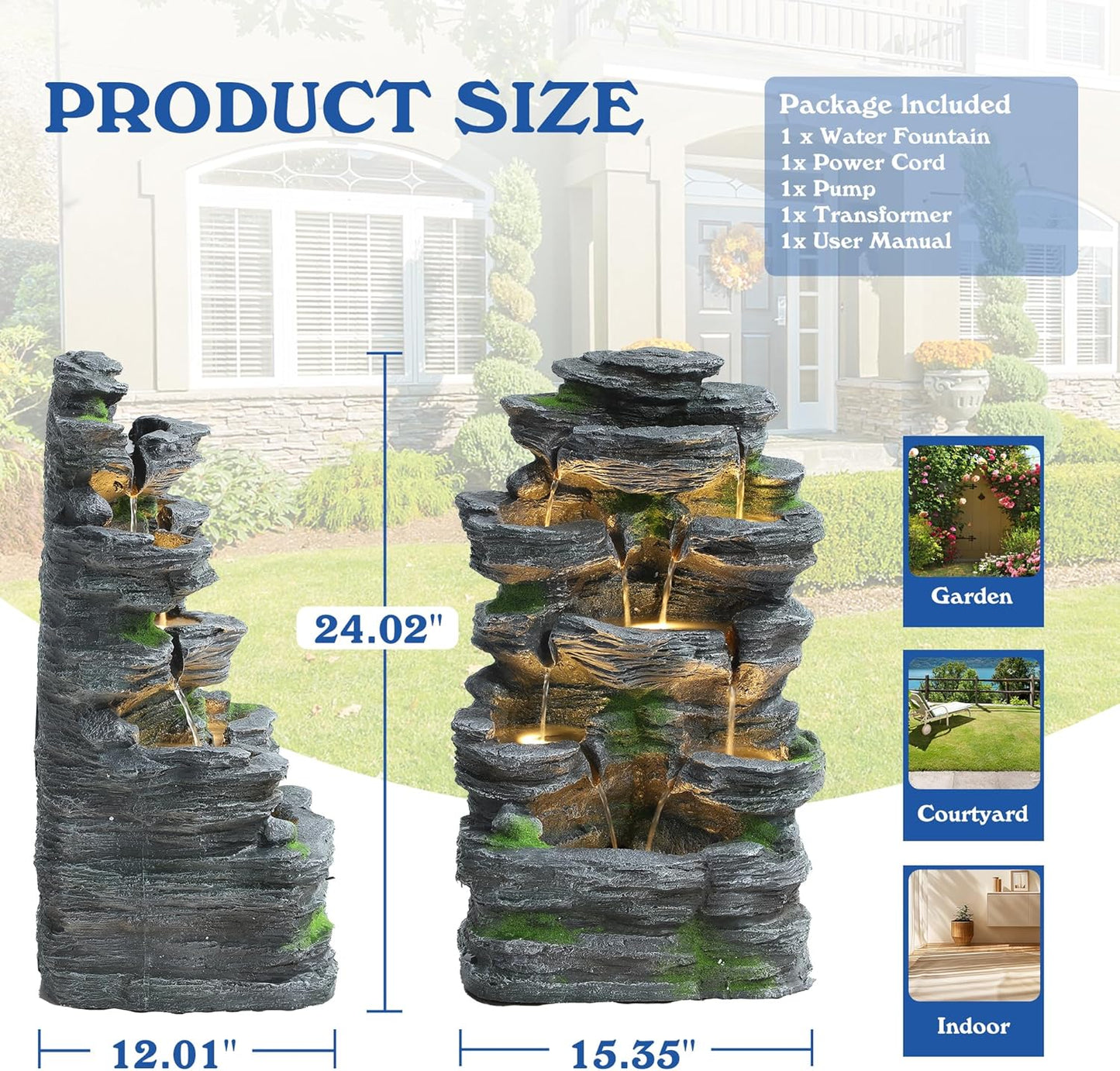 Cascading Rock Water Fountain Outdoor - Waterfalls Fountains with LED Lights, Outdoor/Indoor Resin Fountain for Patio, Garden, Backyard, Deck, Porch, Home Art Docor (24" H)