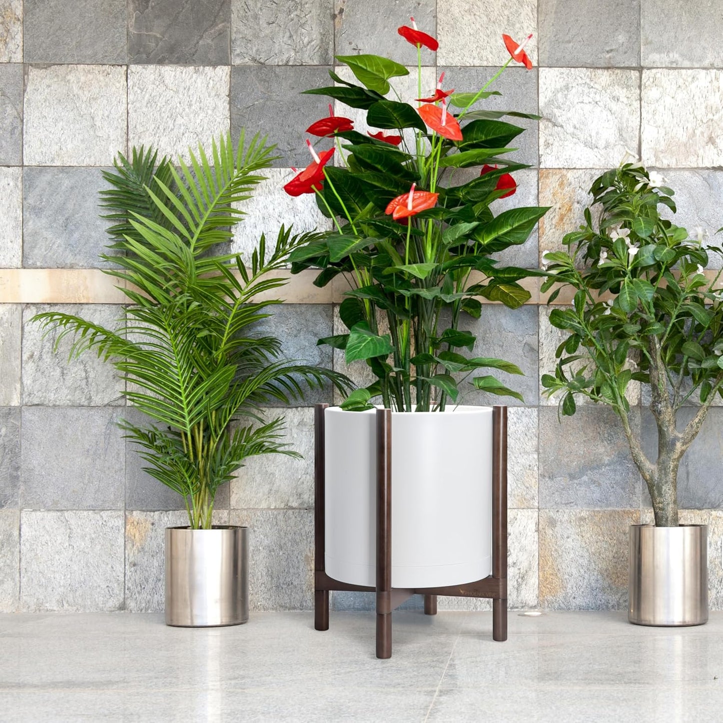 D'vine Dev Planter Pot with Stand - 16 Inch Plastic Cylinder Flower Pot with Wood Planter Holder for Indoor, Matte White Pot + Walnut Color Stand, 55-C-X-1