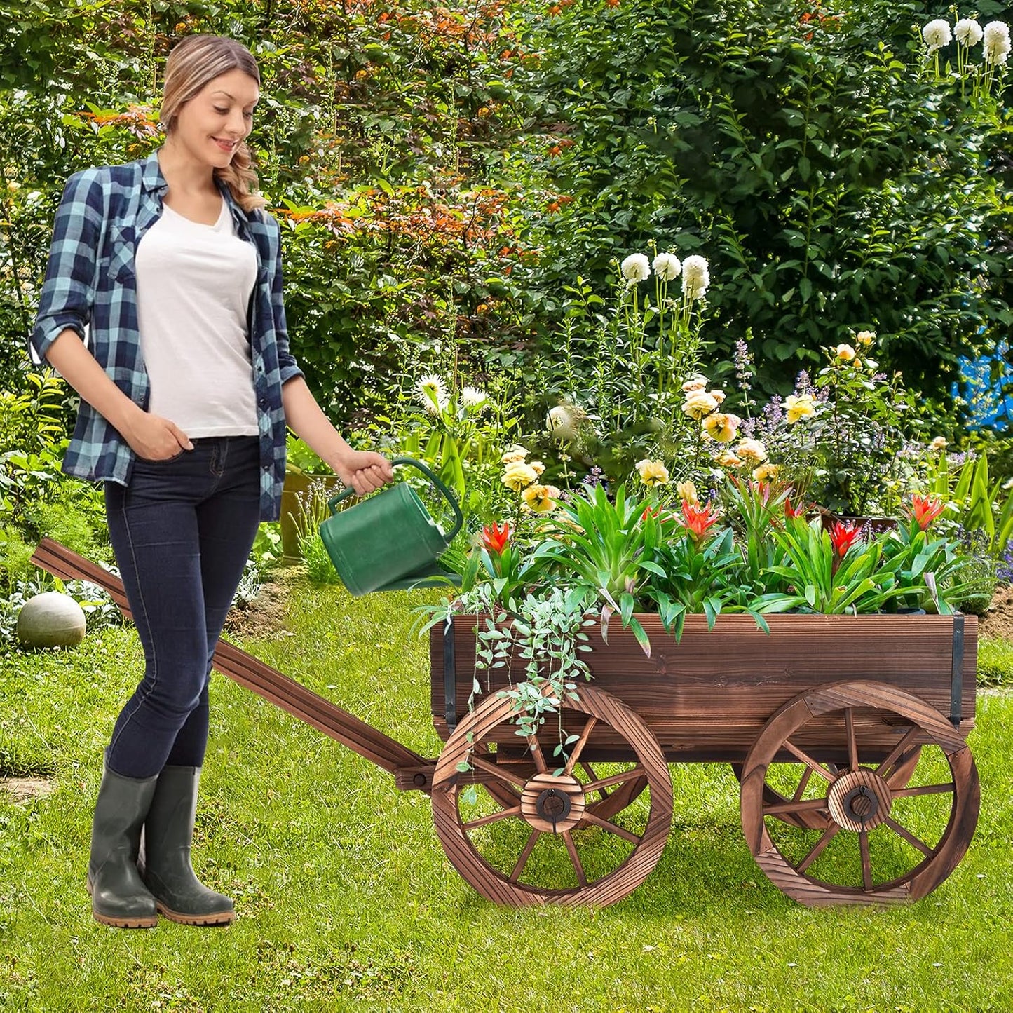 Tangkula Wooden Wagon Planter Box, Decorative Garden Planter w/Wheels, Handle, Drain Hole, Rustic Wooden Flower Cart for Indoor & Outdoor Decor for Patio, Garden, Balcony (29.5" L x 17" W x 21" H)