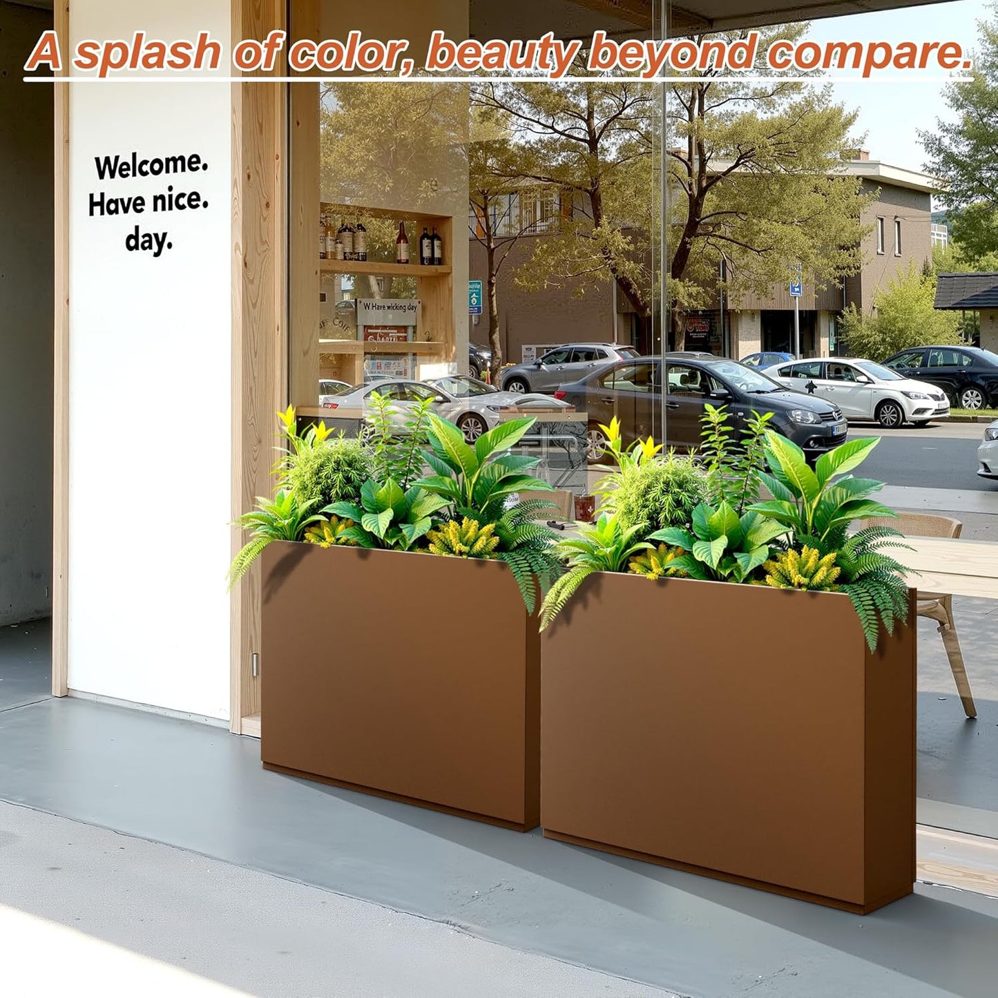 Metal Rectangular Planter for Outdoor Plants, Coated Large Planter Box with Drainage, Outdoor Patio PLanters with Sturdy Thickened Divider for Yard, Garden