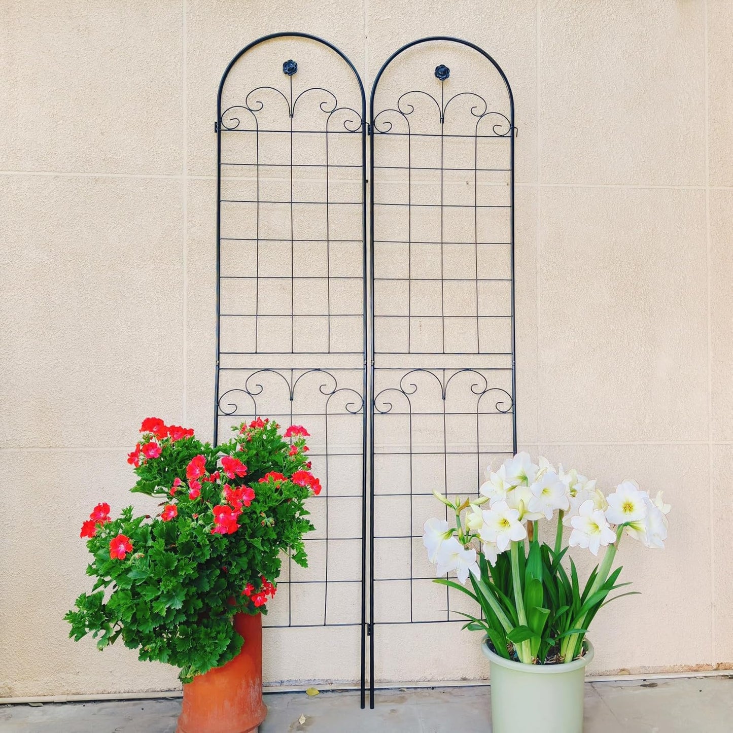 2 Pack Metal Garden Trellis for Climbing Plants, 86.7" Tall Rustproof Outdoor Trellis Panel w/Curly Grass Design, Decorative Black Iron Plant Support for Vine, Rose, Flower, Garden Wall