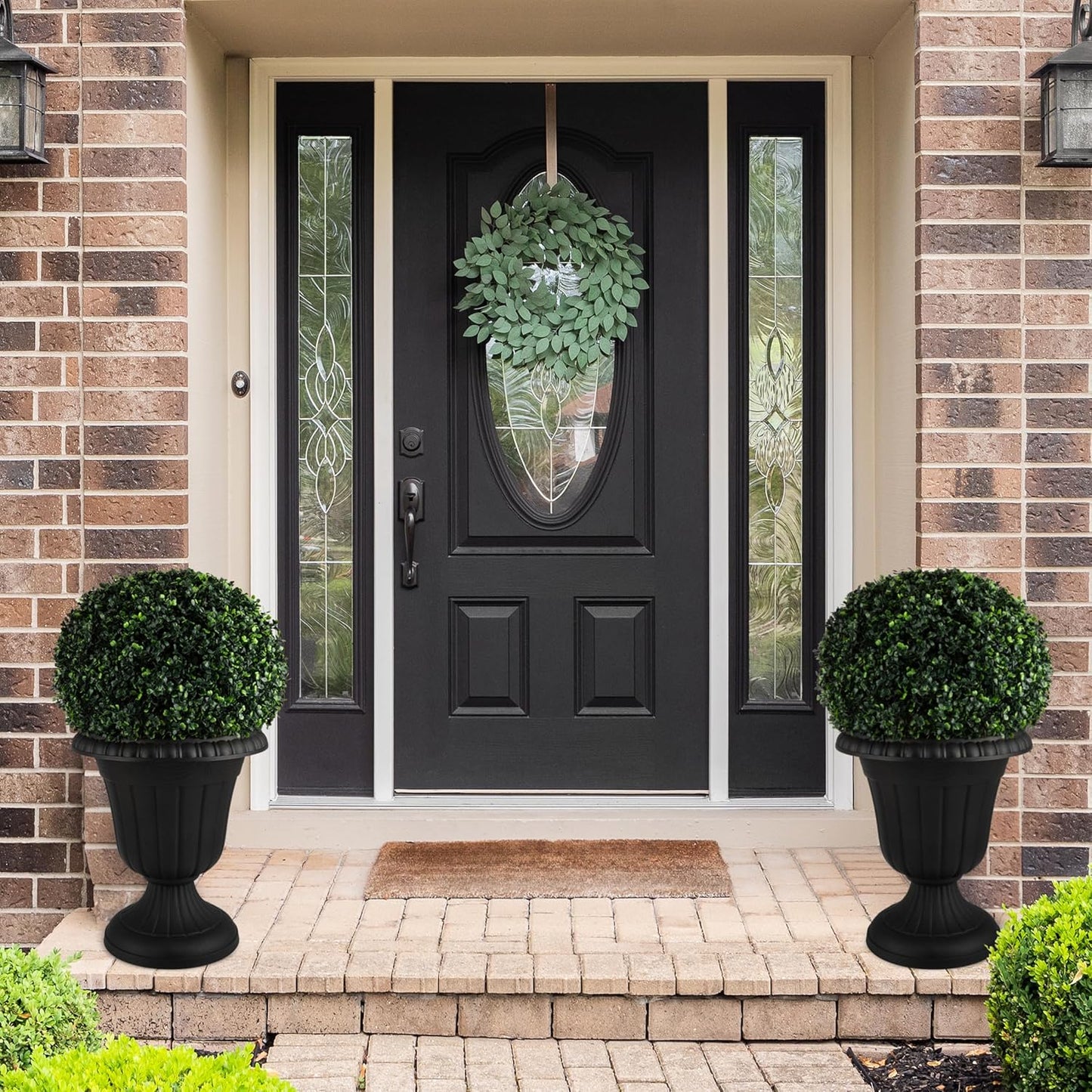 Pure Garden Outdoor Planter 2-Pack - 16x18-Inch Urn Planters - Plastic Plant Pots for Indoor, Outdoor, or Front Porch Decor - Flower Pots (Black)