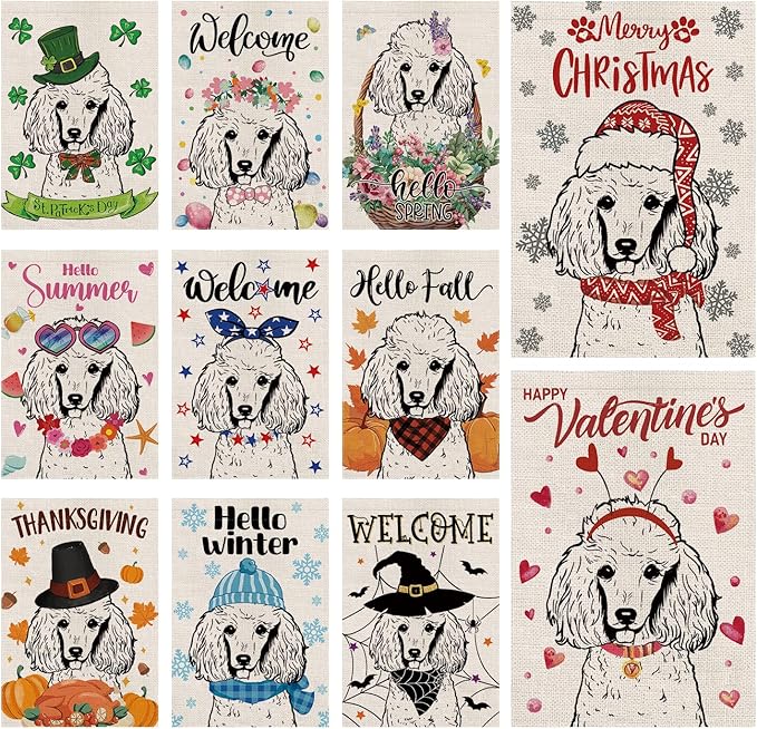 Seasonal Garden Flags Poodle Dog Double Sided Flags Set of 11 Holiday Farmhouse Indoor Outdoor Yard Lawn Christmas Gifts Decorations 12.5x18 Inch