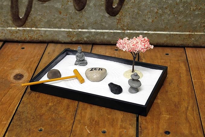Nature's Mark Mini Zen Garden Kit for Desk with Rake, White Sand, Buddha, Lantern, Black Rectangle Base, River Rocks and Mini Blossom Tree (8Lx5W C)
