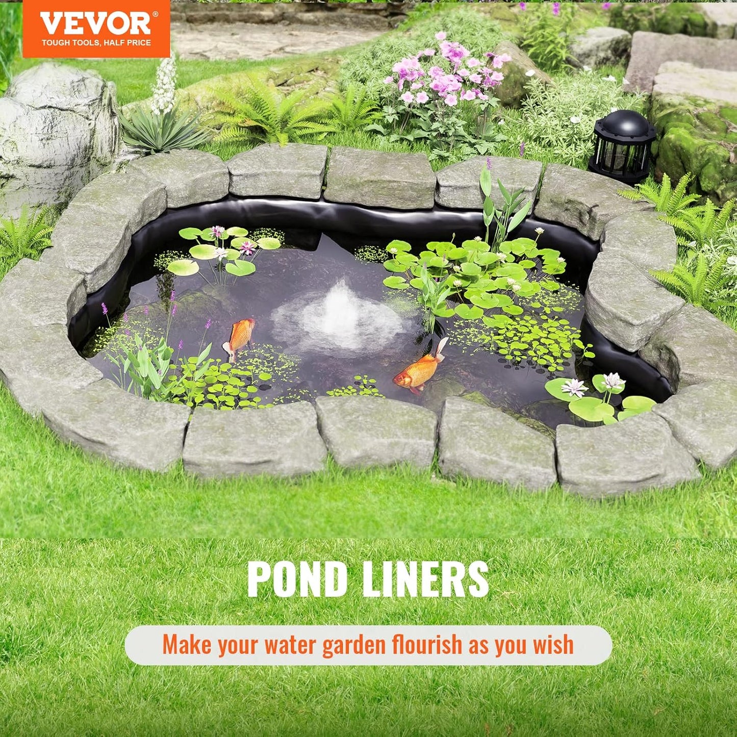 VEVOR 10 x 13 ft Pond Liner, 20 Mil Thickness, Pliable & Durable LLDPE Material, Easy Cutting Underlayment for Fish or Koi,Waterfall, Fountains, Water Gardens, Black