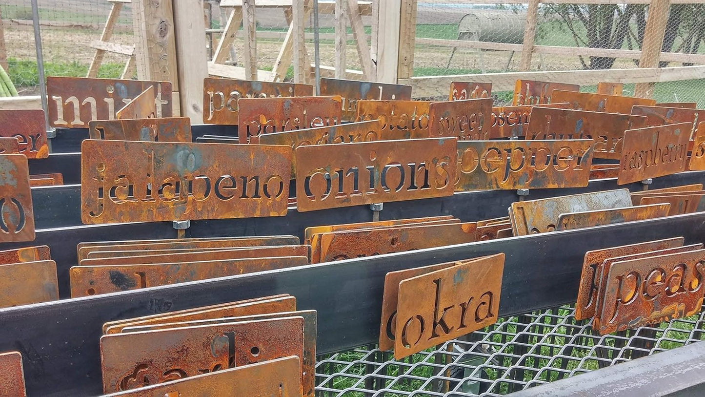 Classic Metal Garden Markers 19 Inches Tall (Custom Text, Naturally Rusted)