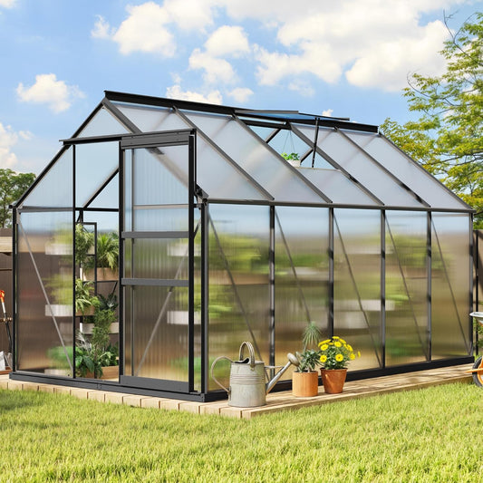 YITAHOME 10x6FT Polycarbonate Greenhouse Heavy Duty Green Houses Outdoor Aluminum Greenhouses w/ Sliding Doors Vent Window Walk-in Greenhouse for Garden Backyard, Matte Black