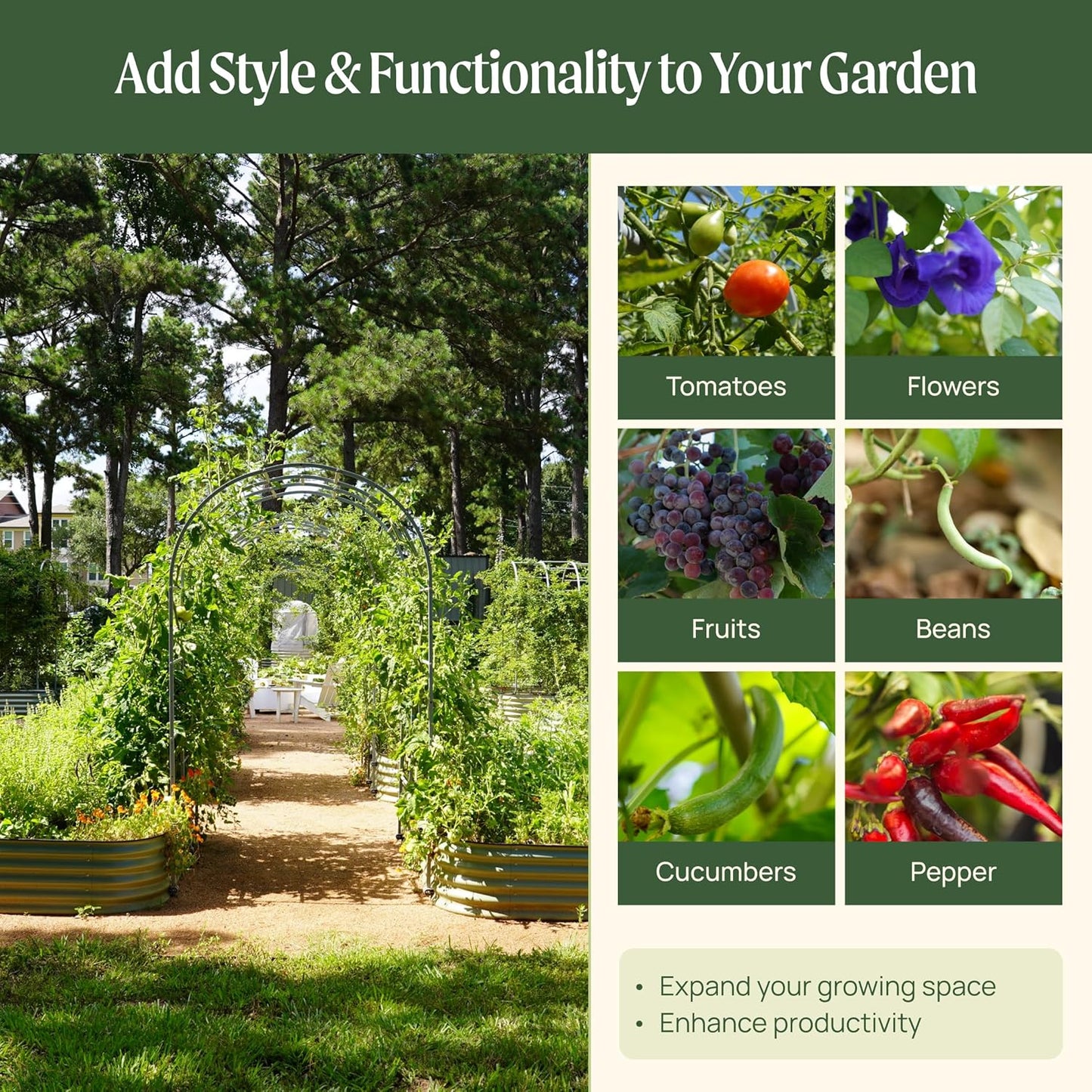 Vego Garden Modular Arched Trellis System Triple Section 6.0' Long Trellis for 2.0' x 8.0' (9 in 1) Garden Bed