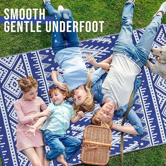 OLANLY Outdoor Rug Waterproof 9x18 ft, Reversible Outdoor Plastic Straw Rug, Boho Patio Rug, Indoor Outdoor Carpet, RV Mat Outside for Patio, Camp, Picnic, Balcony, Deck, Backyard, Blue & White