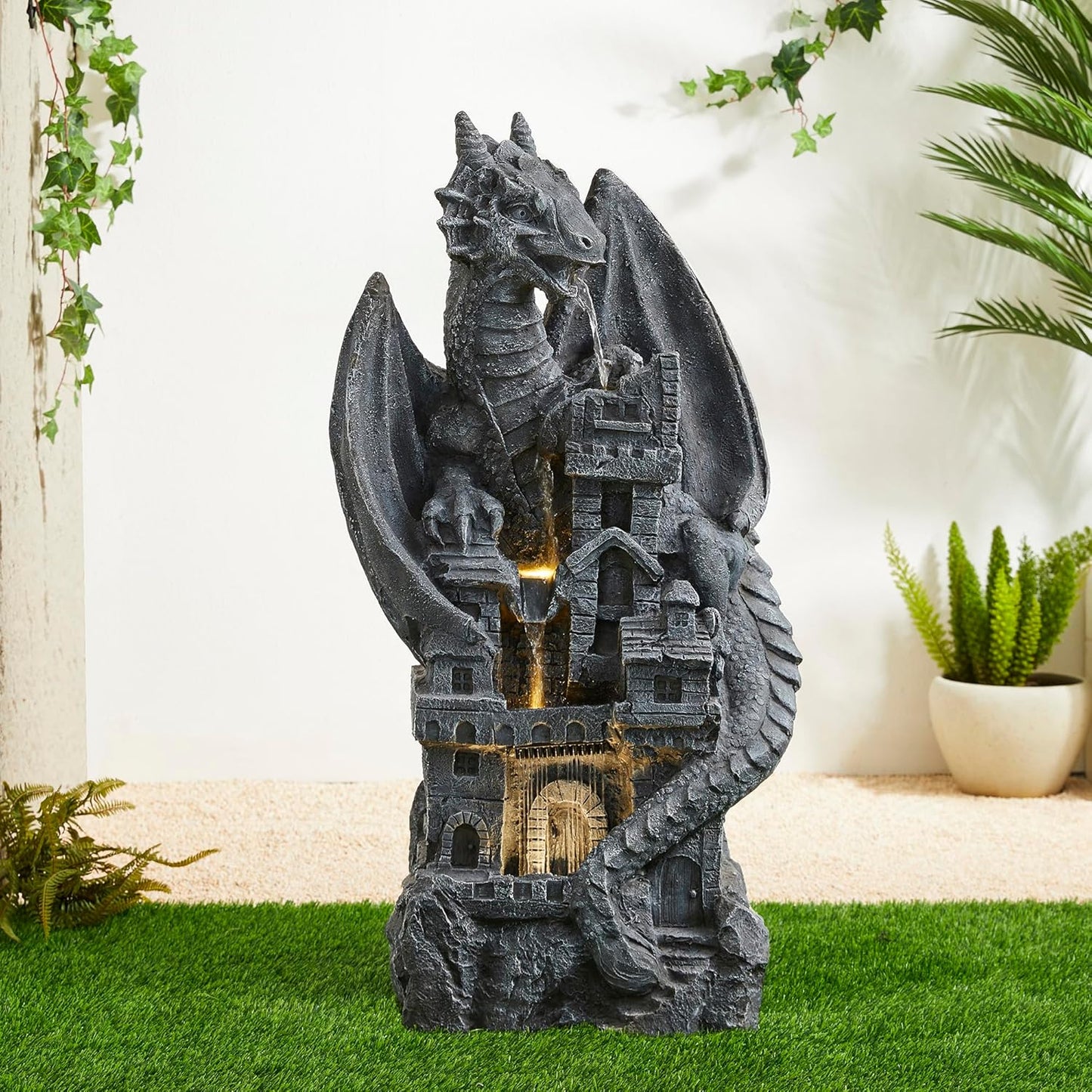Glitzhome 4-Tiered Cascading Outdoor Water Fountain for Garden Patio Yard Mystical Gothic Dragon Water Fountains Outdoor with LED Lights & Pump, Large Floor Stand Fountain Dragon Waterfalls 36.5" H