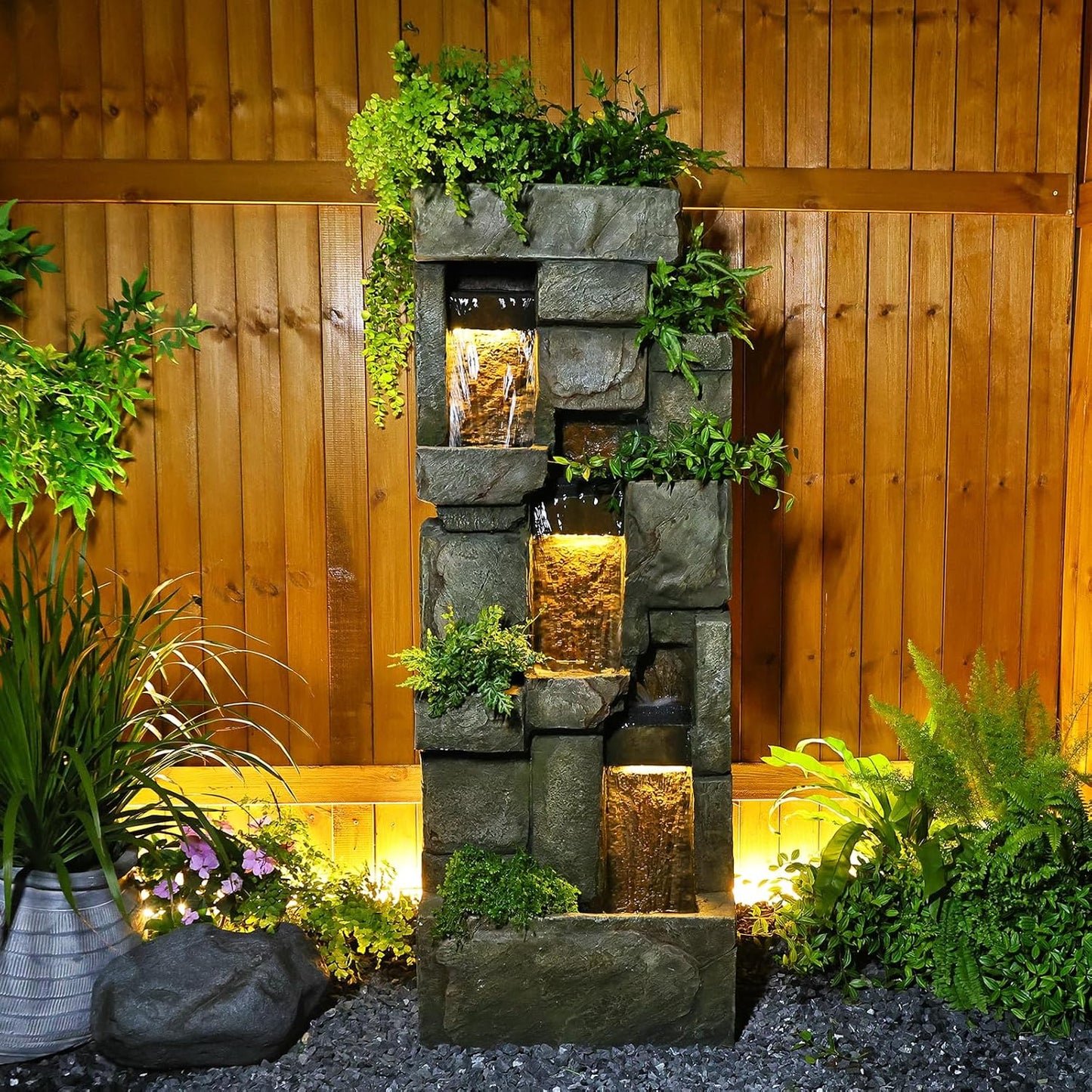 Garden Outdoor Water Fountain, 56.3" H 3-Tiered Imitation Rock Waterfall Fountain with LED Lights and Pumps for Garden, Patio, Backyard, Deck, Porch and Home Art Decor