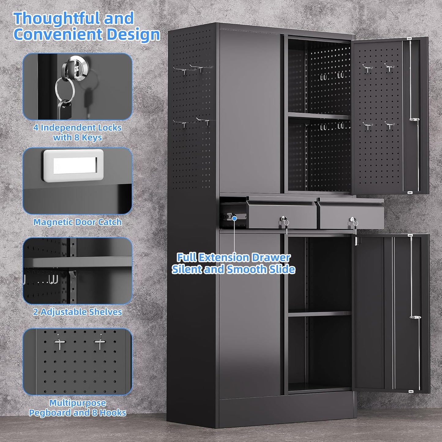 Metal Storage Cabinet with 2 Drawers and Pegboard, Garage Storage Cabinet with Locking Doors and 2 Adjustable Shelves, 71" H Steel Cabinets for Garage, Home, Office, School, Black