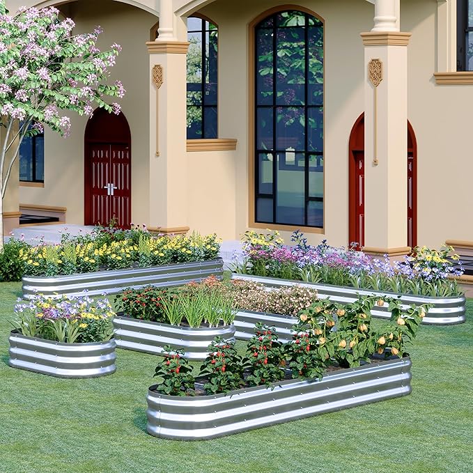 KFN Galvanized Raised Garden Bed,Raised Garden Bed Kit-Oval Metal Flower Box,Large Planter Vegetable Box Outdoor,Planting for Vegetables,Flower,Herb,12FT,0.7mm