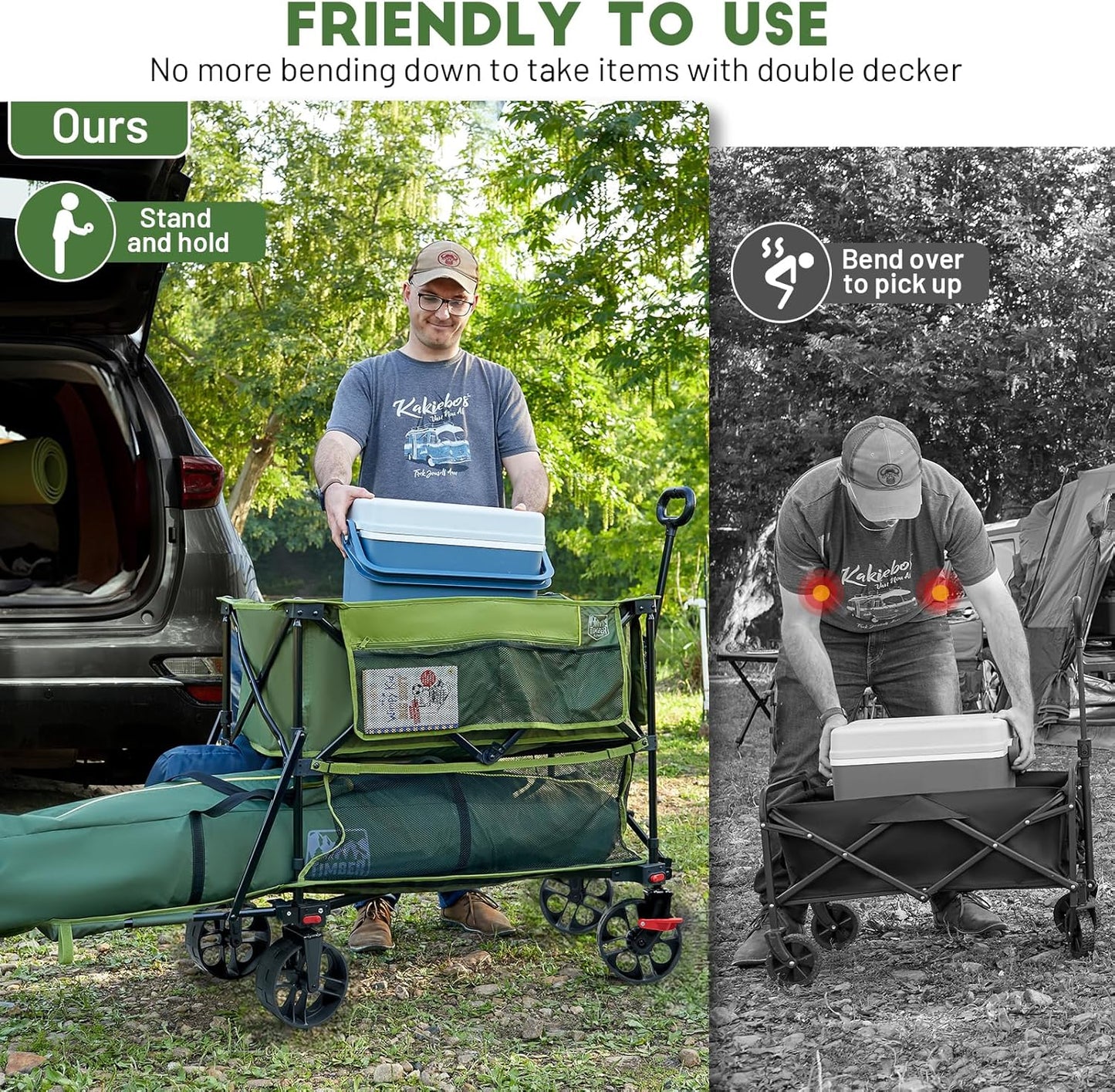 TIMBER RIDGE 400L Large Capacity Folding Double Decker Wagon with Brakes, 54" Extra Long Extender Wagon Cart, 660lbs Heavy Duty Collapsible Cart, All-Terrain Big Wheels for Camping, Sports, Shopping