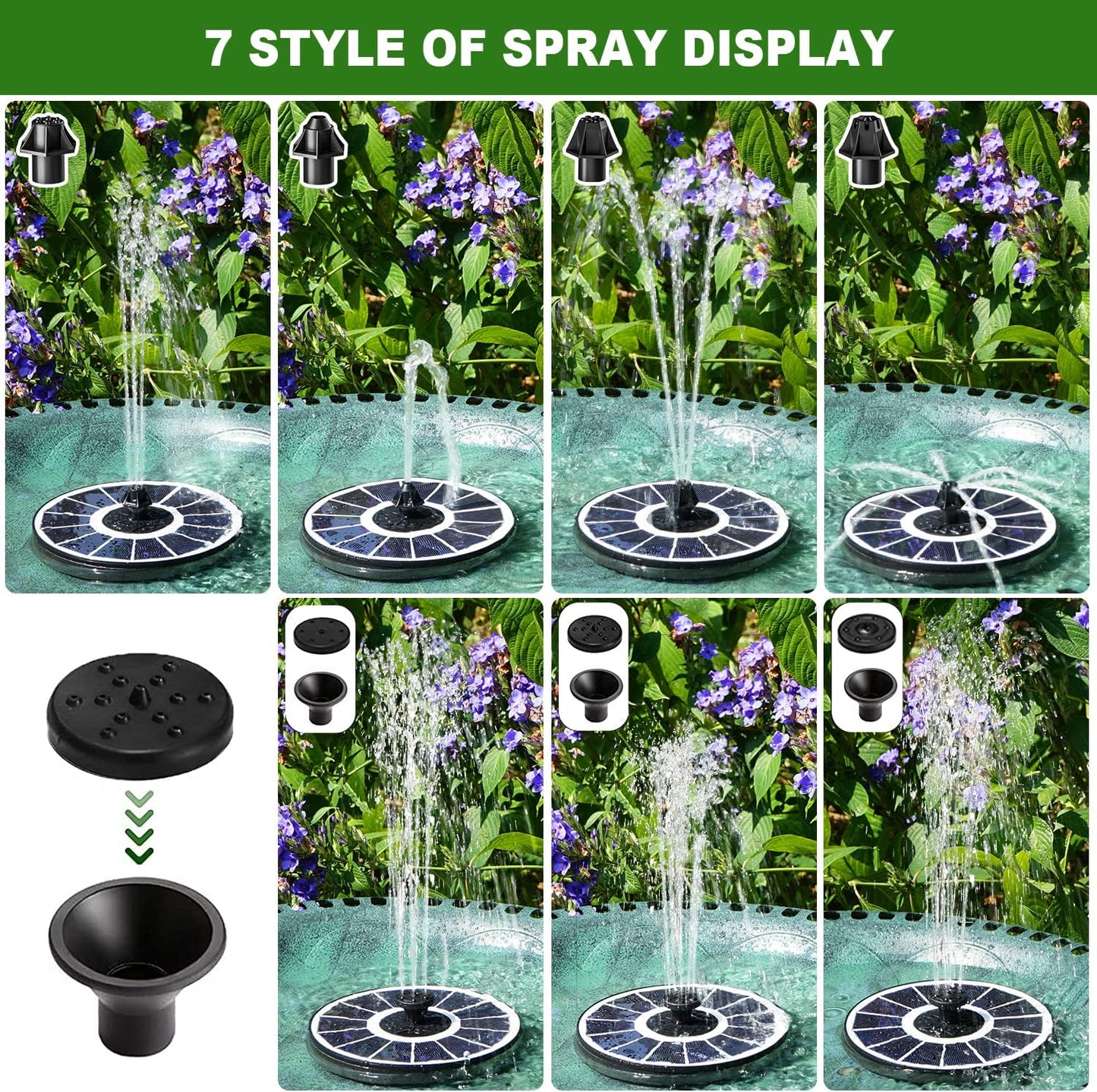 Solar Fountain Pump with 2000 mAh Battery Backup Works in Shade, 3.5 W Glass Floating Solar Powered Water Fountain with 7 Nozzles for BirdBath, Garden, Outdoor, Patio, Pond-White