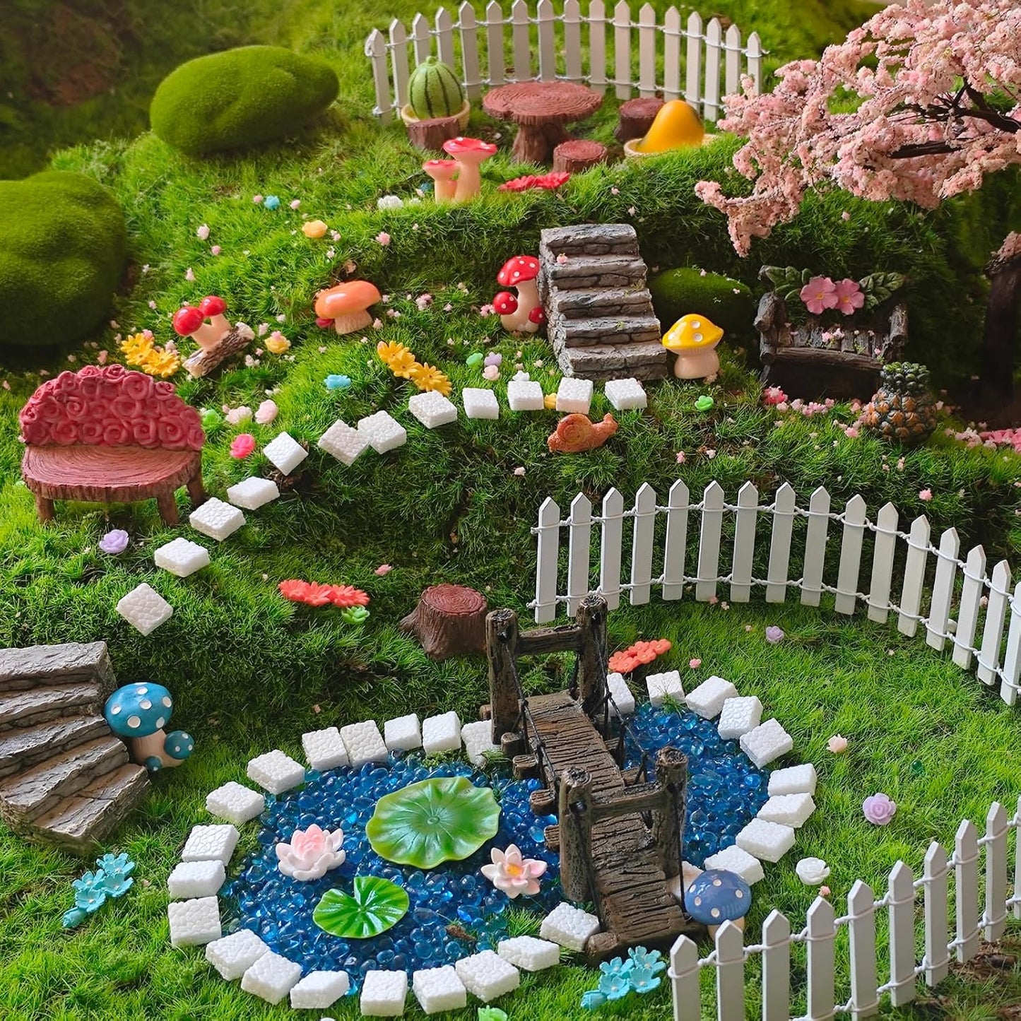 Kai Dream Fairy Garden Accessories, Fairy Garden Kit, 118 Pieces of Miniature Decor: Mushrooms, Bridge, Steps, Moss, Furniture Figurines, Fake Fence, Flowers, and Blue Crystal Gravel