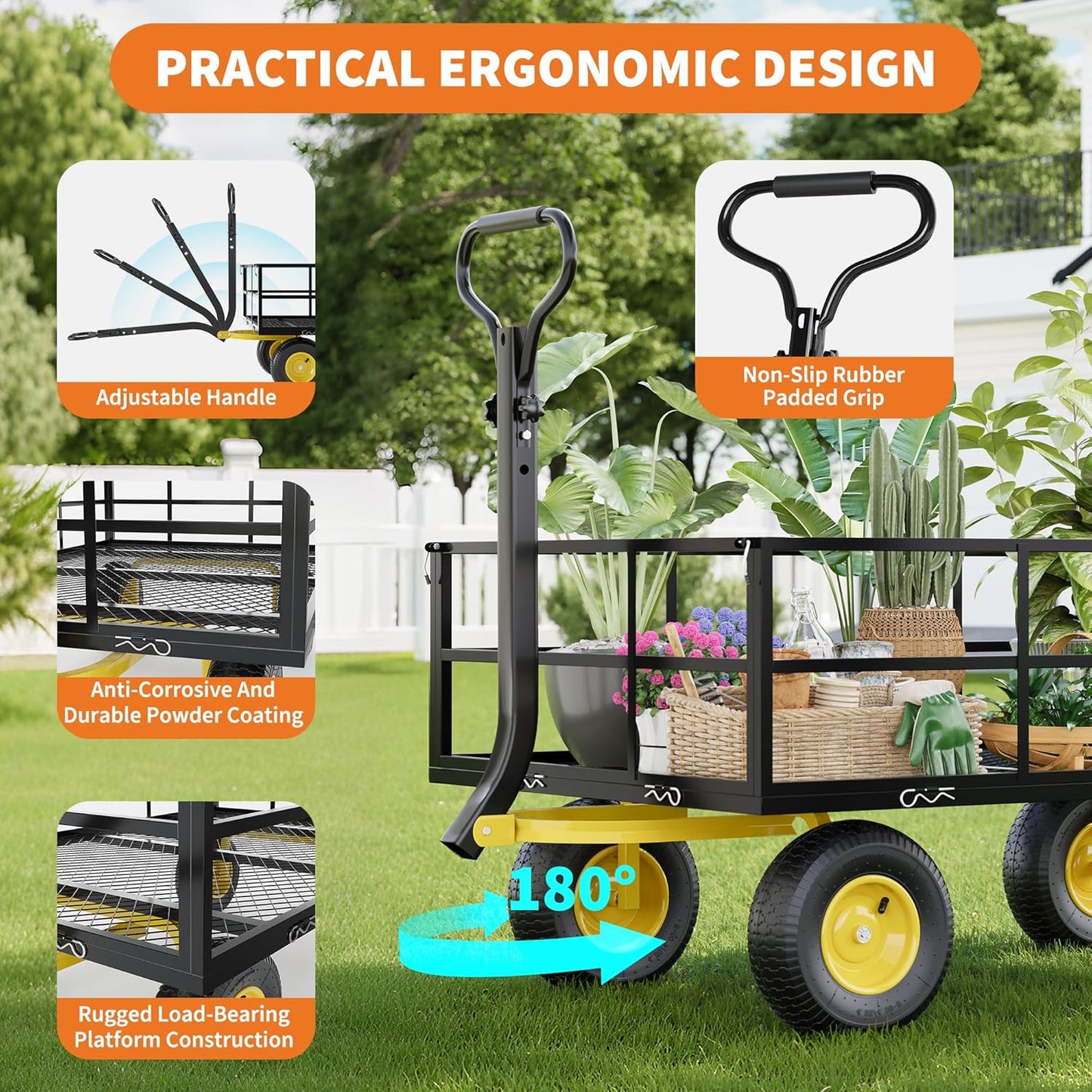 3-in-1 Heavy-Duty Steel Garden Cart, 1200 Lbs Garden Wagon, with 13 Inch All-Terrain Tires and Removable Mesh Side Panels, 180° Rotating Handle, Metal Utility Yard Trailer, Outdoor Gardens Wagon Cart