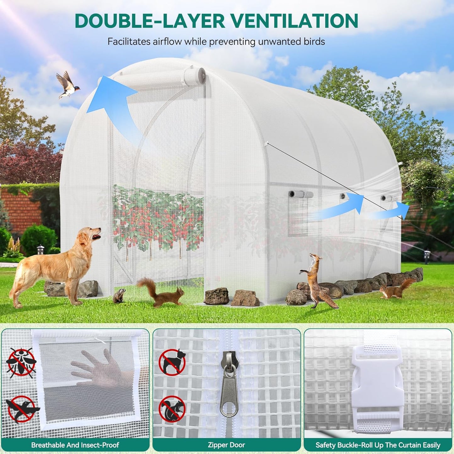 YITAHOME 10x6.5x6.5ft Greenhouses Large Walk-in Green House Heavy Duty Tunnel Green Houses Outdoor Portable Plant Gardening Upgraded Galvanized Steel Frame Zipper Doors 5 Crossbars Garden, White