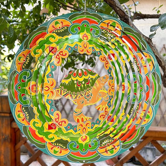 Sea Turtle Wind Spinner Colorful 12 inch 3D Stainless Steel Laser Cut Metal Double Sided Printing-Hanging Indoor/Outdoor Decorations Yard Gardening Decor,Metal Kinetic Art Ornament Gifts