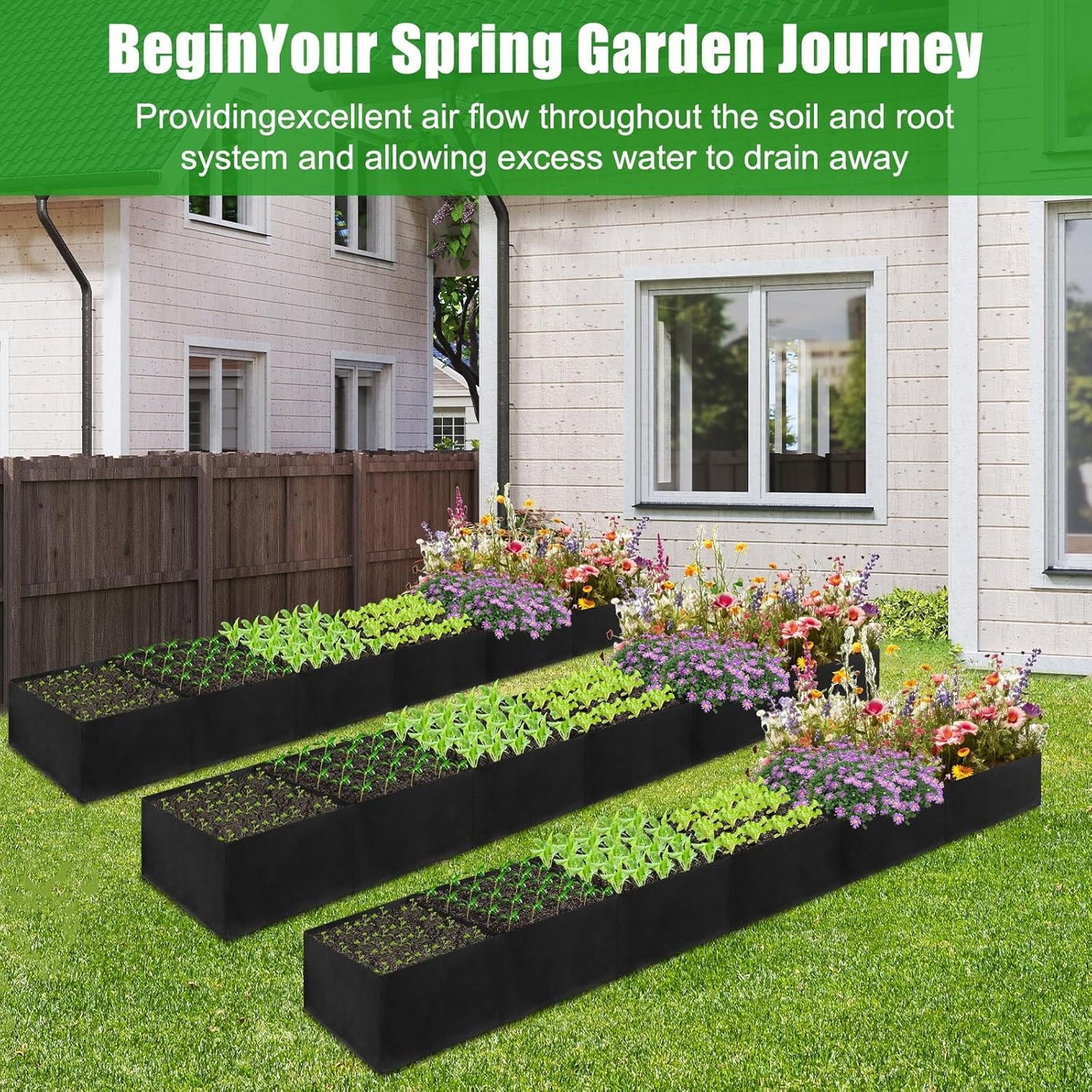 2Pack 12x2x1ft Fabric Raised Garden Bed - 6 Grids Plant Grow Bags, Outdoor Planter Box Non-Woven Fabric Patio Planting Bed Garden Grow Bed Bag for Growing Herbs, Flowers and Vegetables