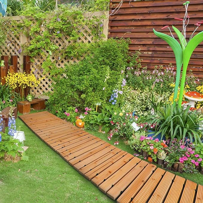 RELIANCER 12' Wooden Garden Pathway,Outdoor Roll Out Cedar Straight Walkway,Patio Path Decorative Garden Boardwalk Walkways,Weather-Resistant Roll Up Beach Wood Road Floor,Wedding Party Pathways