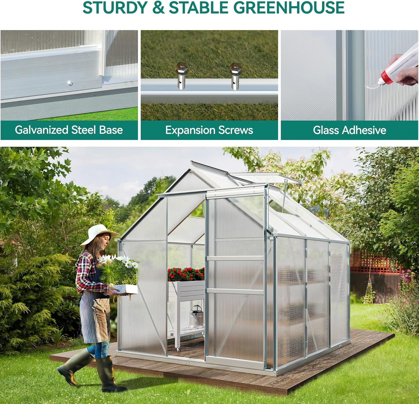 YITAHOME 6x6FT Polycarbonate Greenhouse Heavy Duty Green Houses Outdoor Greenhouses Aluminum Sliding Doors Vent Window Large Sun House for Garden Backyard, Silver