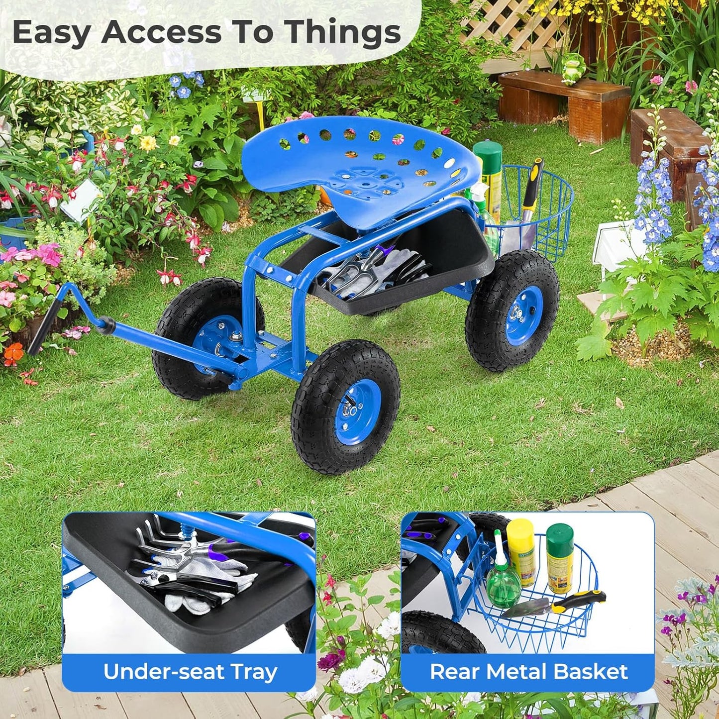 Rolling Garden Seat, Garden Stool with Wheels, Extendable Handle, Storage Basket & Tool Tray, Garden Scooter with 360 Degree Swivel Seat for Outdoor, Garden & Yard (Blue)