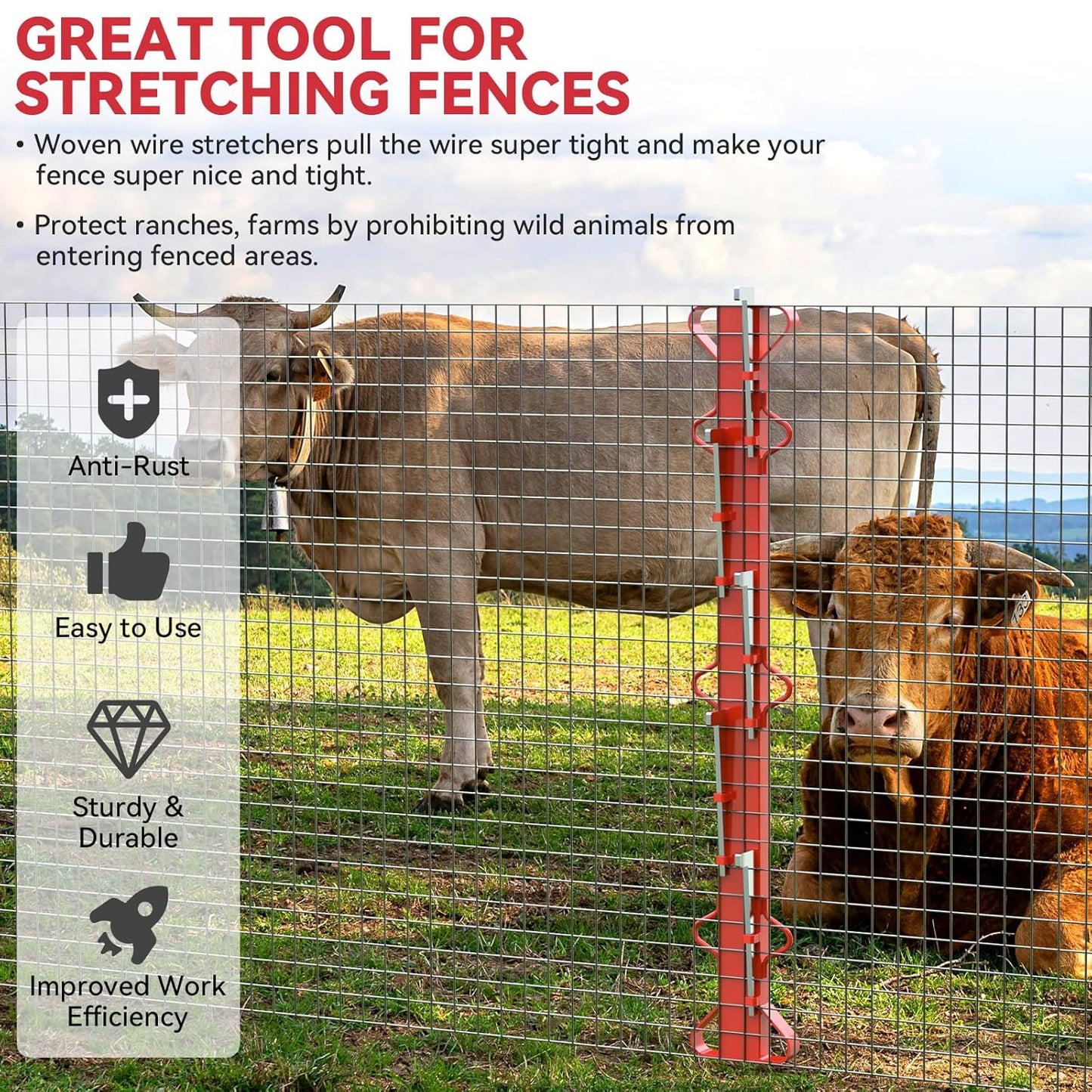 4ft Woven Wire Fence Stretcher Bar with 5 Wedges Heavy Duty Wire Stretcher Fence Tool for Farms, Ranches, Garden Barriers, Yard (Red)