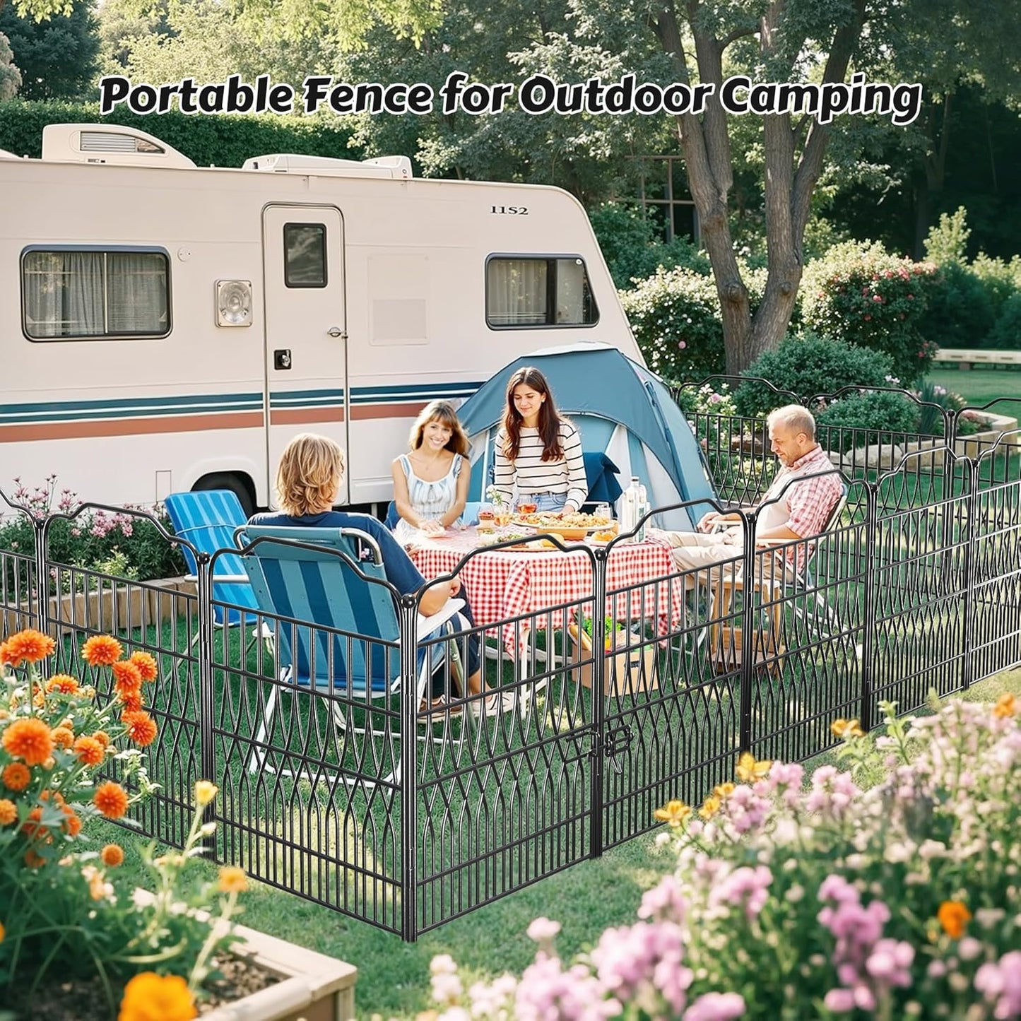 Bepatio 5 Panels Tall Garden Fence with Latch, 40in (H) x 11.5ft (L) Dog Fence Outdoor for Yard, Arc Metal Fencing Panels, Animal Barrier Fencing for Outdoor, Patio, Flower Bed