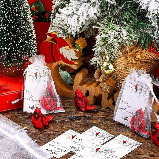 Roowest 72 Pcs Memorial Cardinal Gift Set Include Mini Red Cardinal Bird Statue Figures and Red Feathered Cards and Bags for Sympathy Memorial Gift