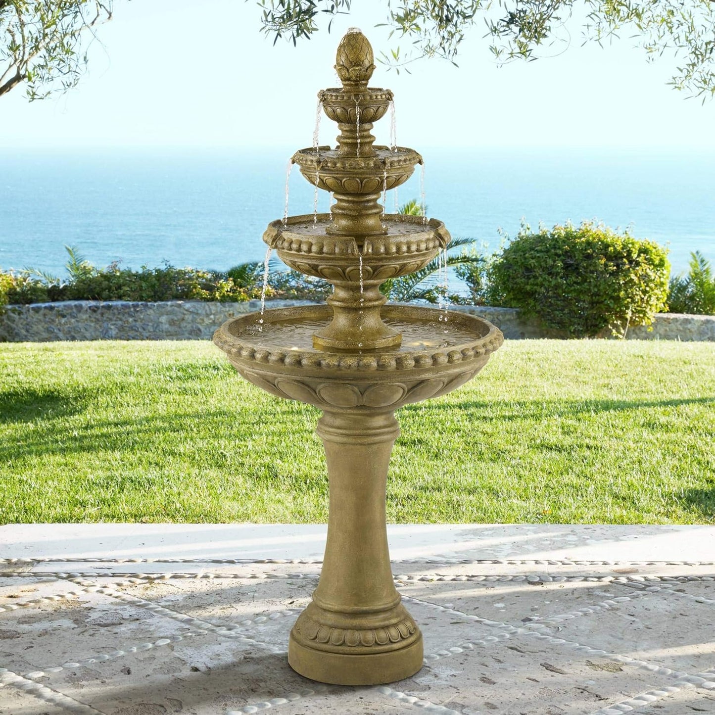 Sag Harbor 66" High Large Italian Outdoor Decor Sand Stone Floor Fountain with Light LED Waterfall 4-Tier Standing Basin Water Feature for Outside Garden Patio Yard Backyard Porch - John Timberland
