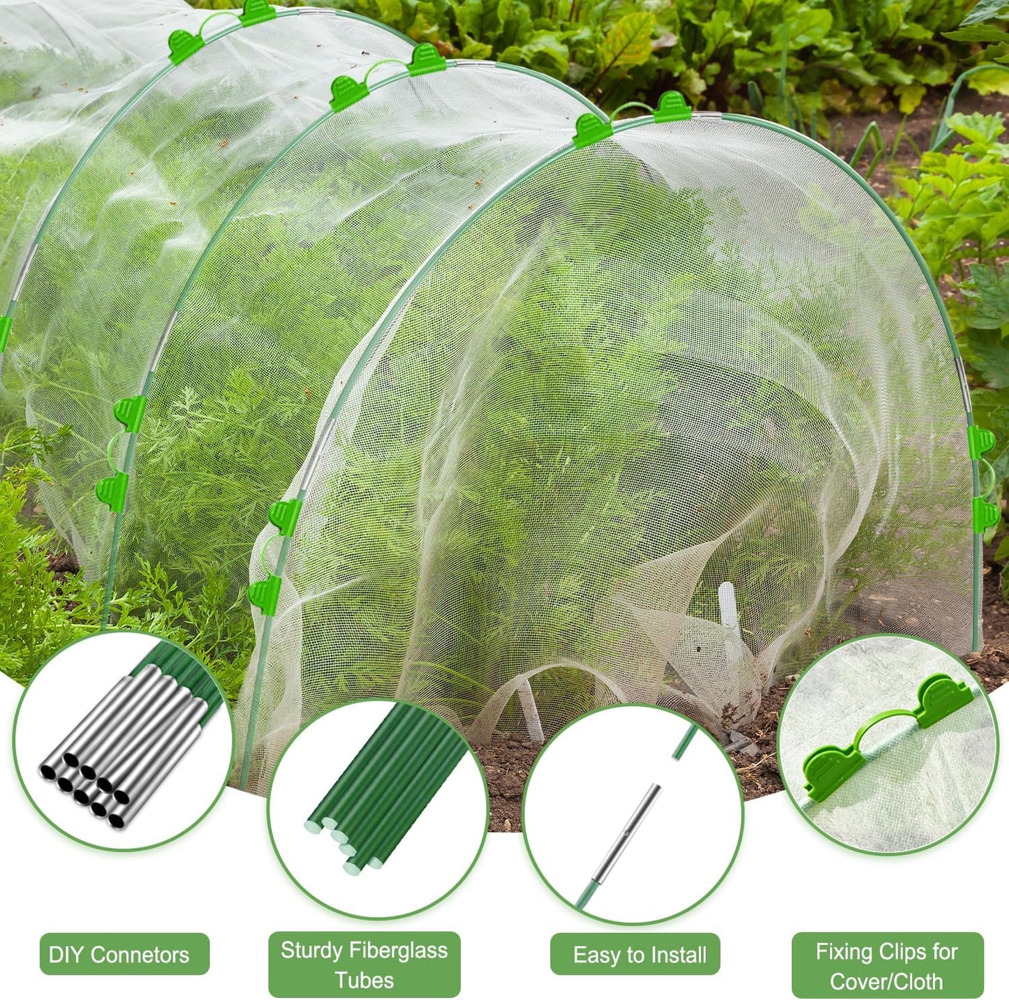 Garden Hoops 6 Set 7ft Grow Tunnel, 24pcs Greenhouse Support Hoops Rust-Free Frame for Garden Netting Raised Beds Row Cover Fabric, DIY Fiberglass for 2 & 3Ft Wide, 18pcs Clips-4mm
