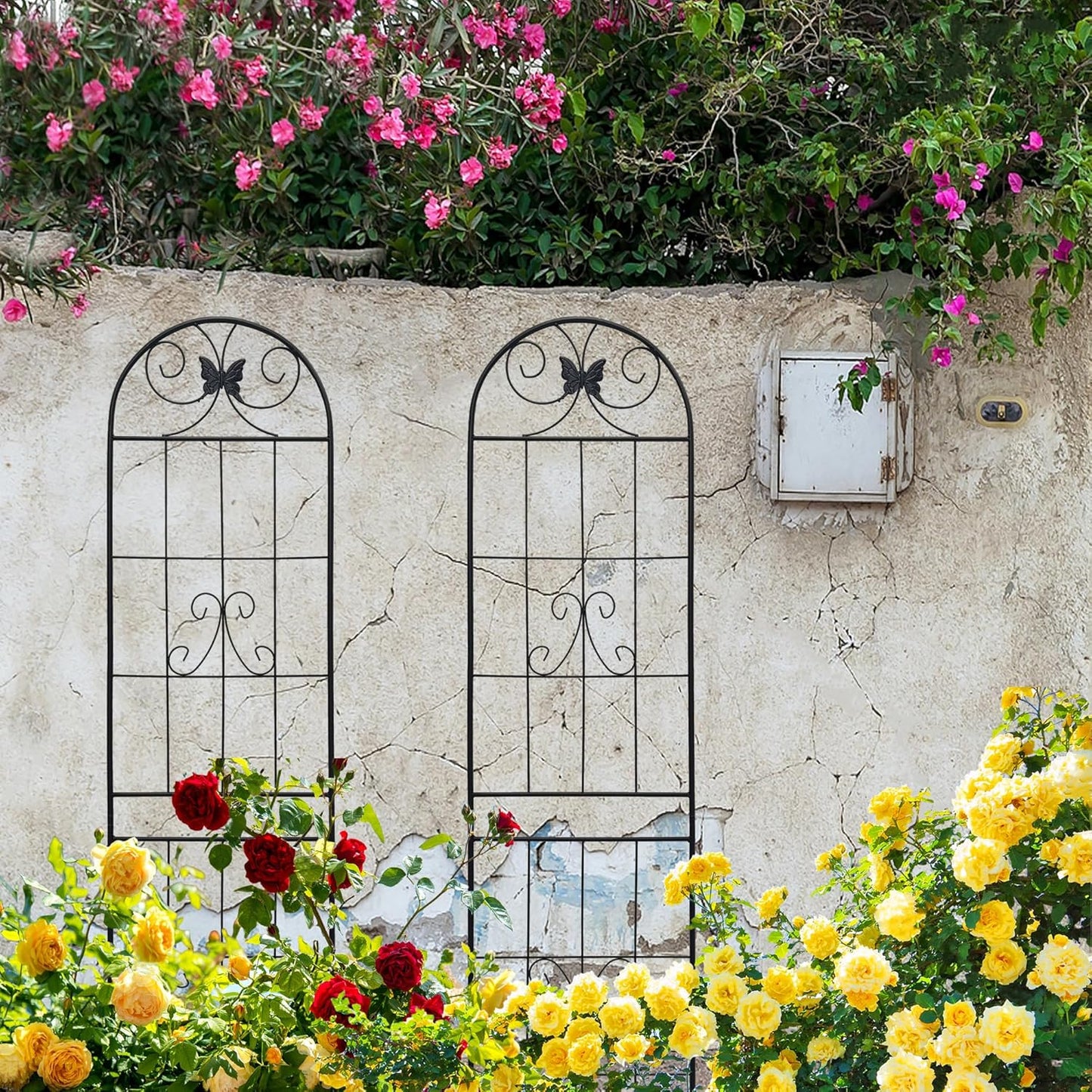 8 Pack Metal Garden Trellis for Climbing Plants, 86.7" Tall Rustproof Outdoor Trellis Panel with Line Butterfly Design, Decorative Black Iron Plant Support for Vine, Rose, Flower, Garden Wall