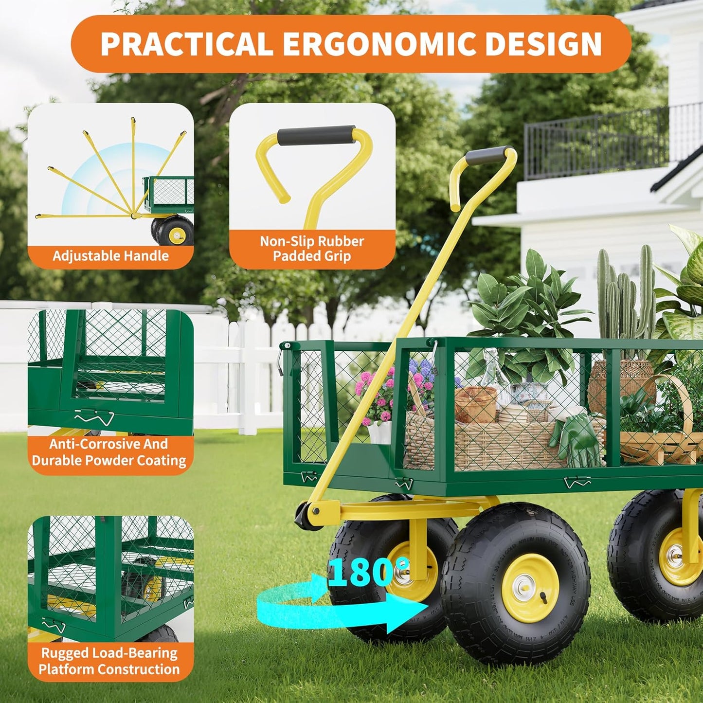 900 Lbs Garden Wagon, 2-in-1 Heavy-Duty Steel Garden Cart, with 10 Inch All-Terrain Tires and Removable Mesh Side Panels, 180° Rotating Handle, Metal Utility Yard Trailer, Outdoor Gardens Wagon Cart