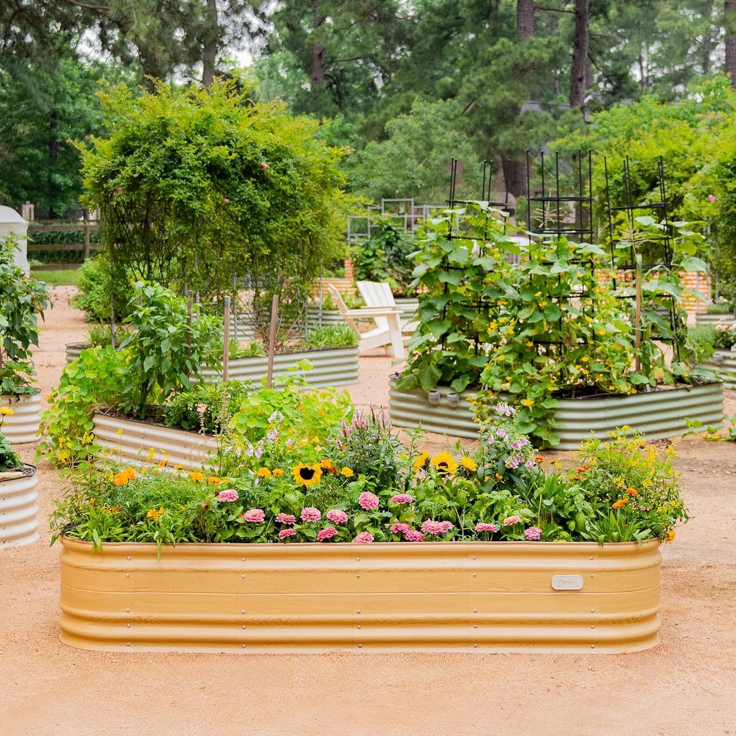 Vego garden 17" Tall 9 in 1 Novel Wooden-Look Metal Raised Garden Bed Kits Modular Planter Beds with 2 in 1 Wrench & Magnetic Plant Tags for Vegetables Flowers, Sunlit Oak