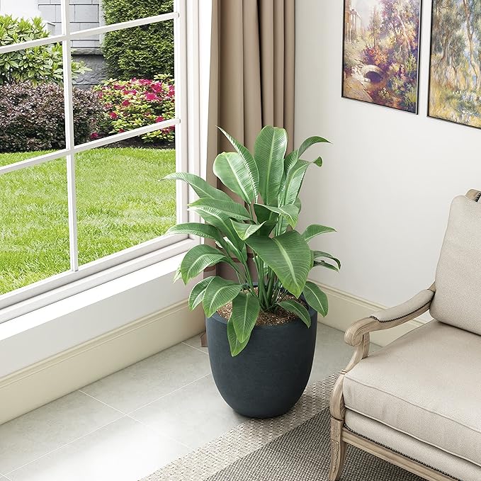 Kante 18 Inch Dia Round Concrete Planter, Indoor Outdoor Large Plant Pot with Drainage Hole and Rubber Plug for Home Patio Garden, Dark Gray