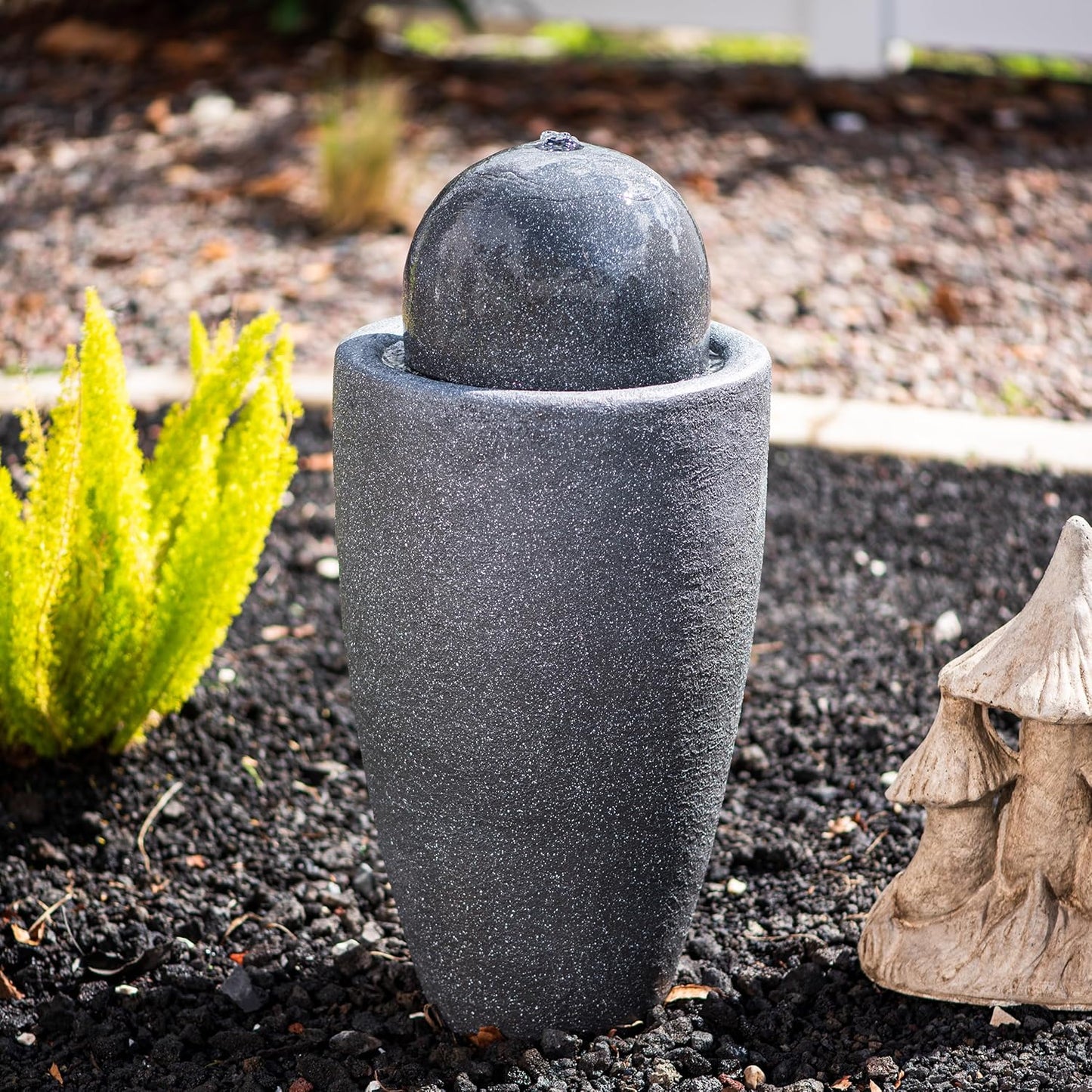 XBrand 25.98" H Round Stone Indoor/Outdoor Modern Stone Textured Sphere Water Fountain w/LED Lights, Ball Fountain Decor, Gray