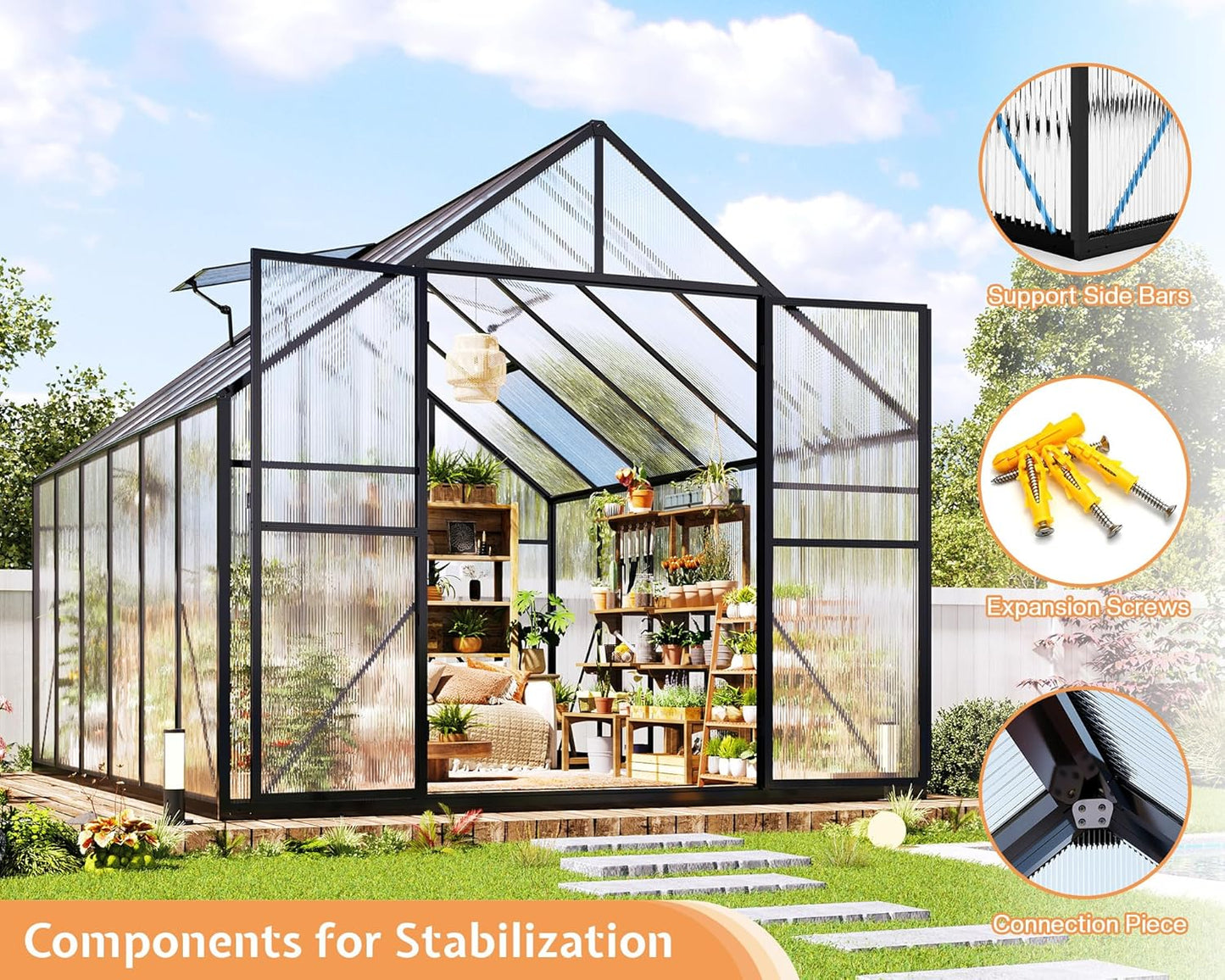 Jocisland 8x11.5x7 FT Polycarbonate Greenhouses for Outdoors, 2 Top-Opening Windows, 2 Swing Doors, Aluminum Walk-in Heavy Duty for Outdoor Use, Backyard Garden, Black