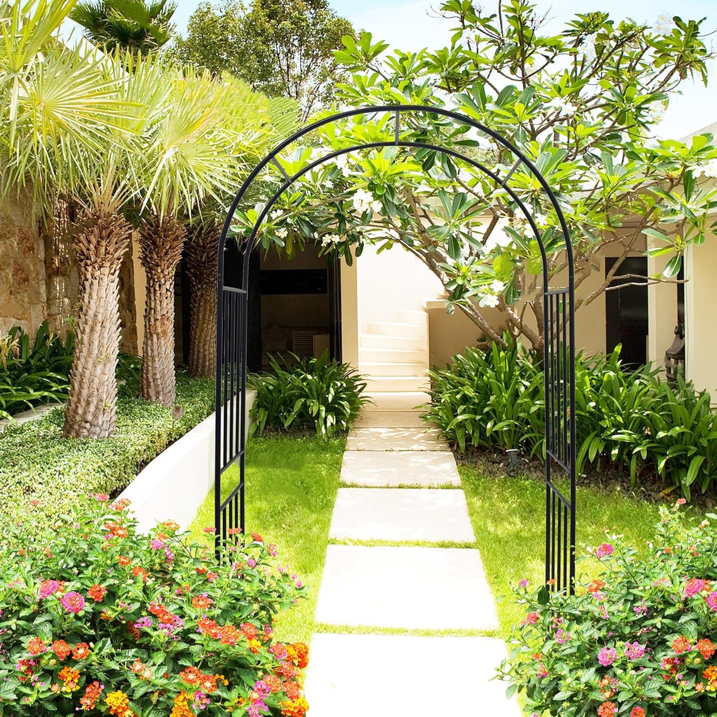 Metal Garden Arch 85.82" H Garden Arbor Trellis Climbing Plants Support Rose Lines Arch Outdoor Lawn Wedding Party Events Archway Black